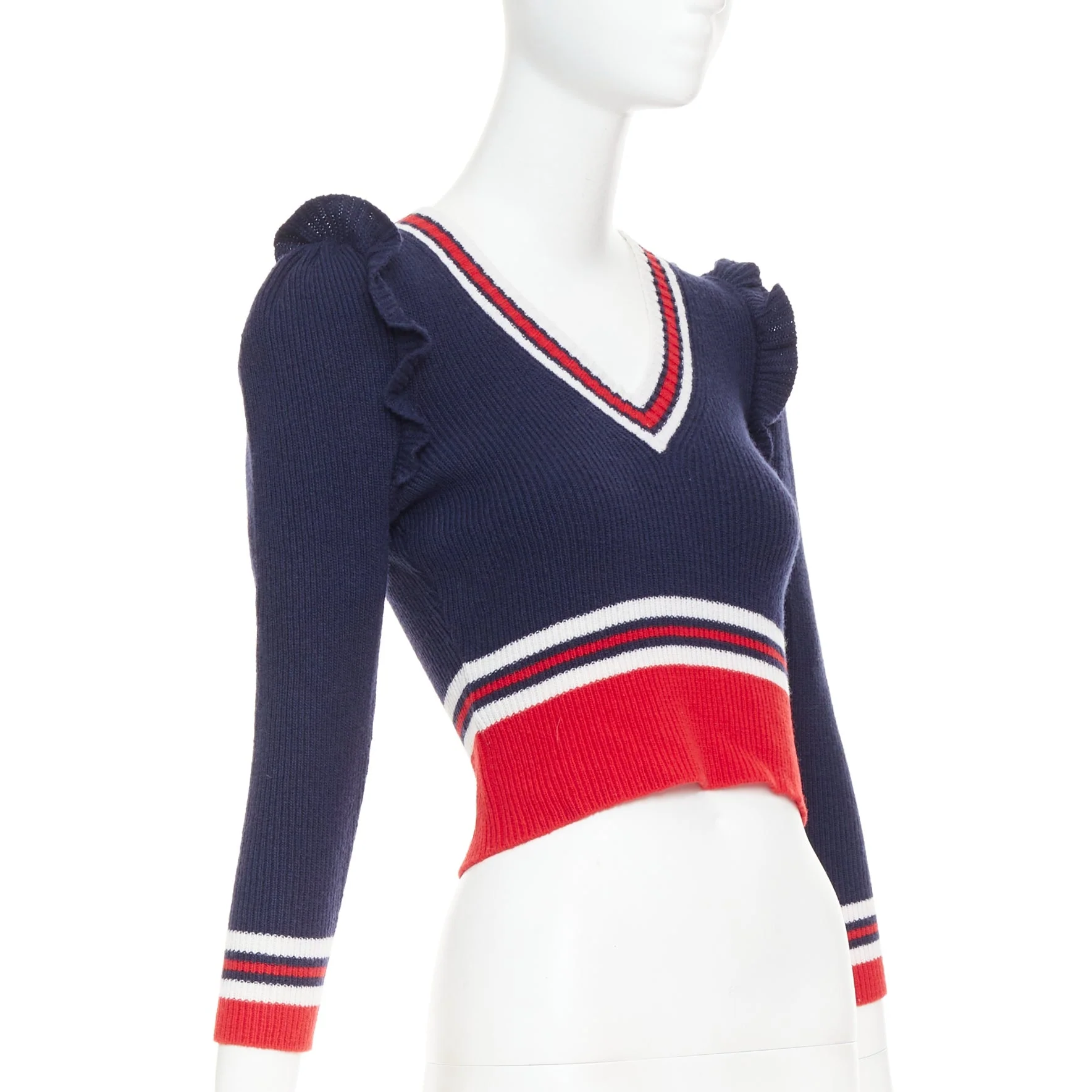 Women's GUCCI 2017 Runway navy red ruffled shoulder cropped V-neck striped sweater XS - Image 3