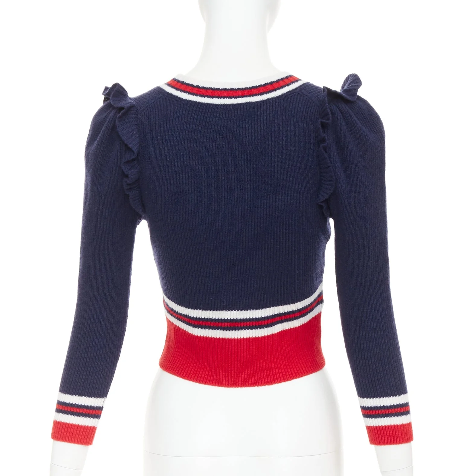 Women's GUCCI 2017 Runway navy red ruffled shoulder cropped V-neck striped sweater XS - Image 5