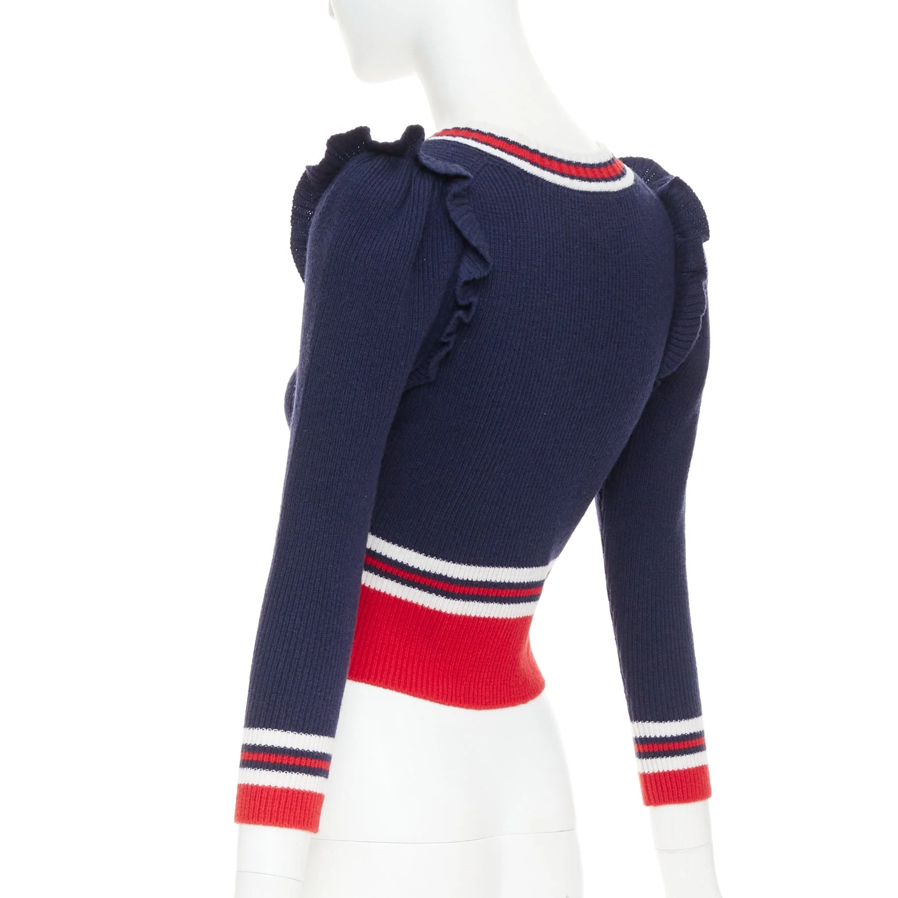 Women's GUCCI 2017 Runway navy red ruffled shoulder cropped V-neck striped sweater XS - Image 6