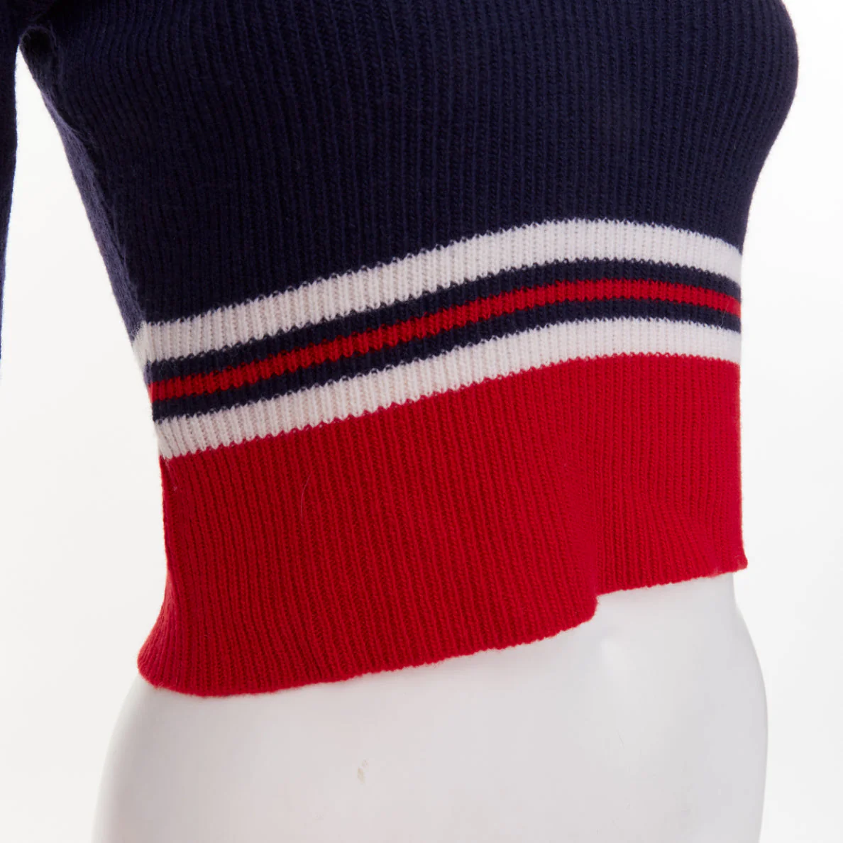 Women's GUCCI 2017 Runway navy red ruffled shoulder cropped V-neck striped sweater XS - Image 7