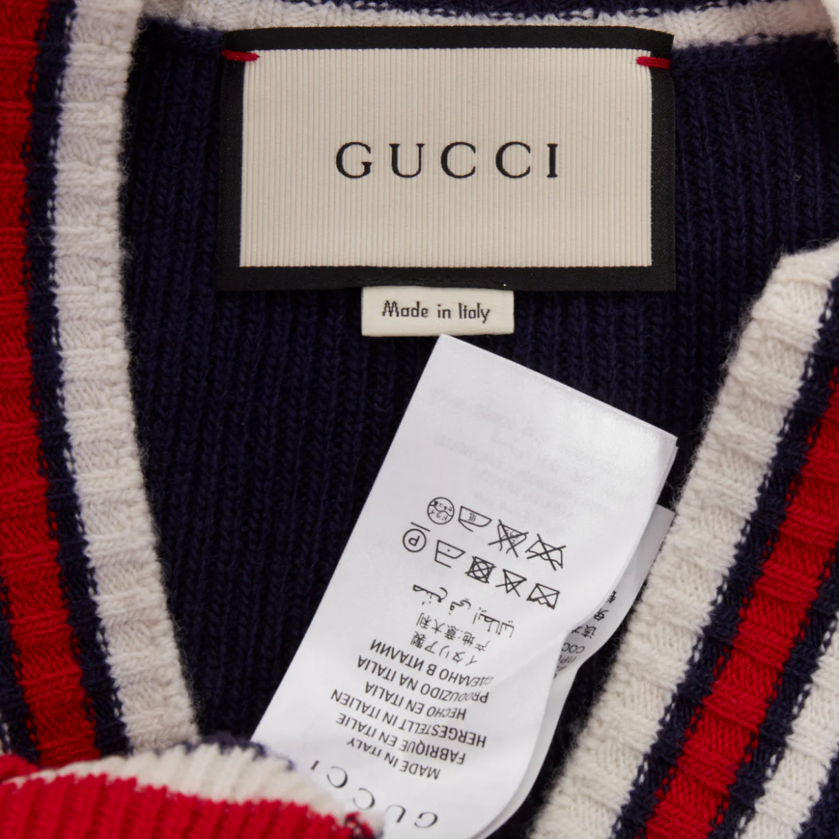 Women's GUCCI 2017 Runway navy red ruffled shoulder cropped V-neck striped sweater XS - Image 8