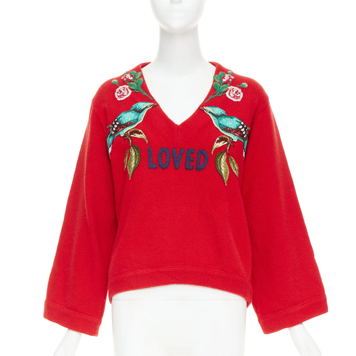 Women's GUCCI 2017 Runway red wool Loved Bird floral embroidered red wool sweater S