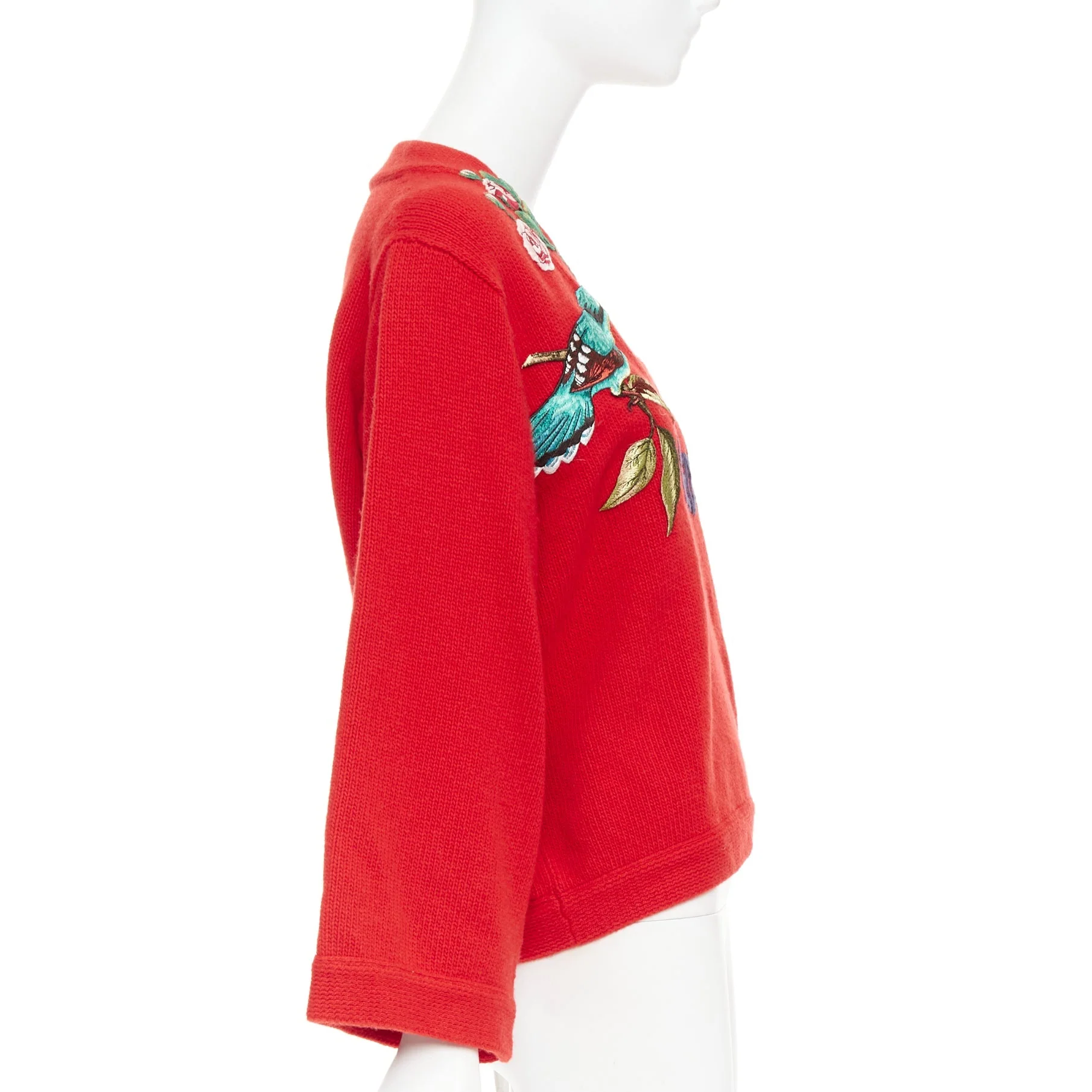Women's GUCCI 2017 Runway red wool Loved Bird floral embroidered red wool sweater S - Image 4