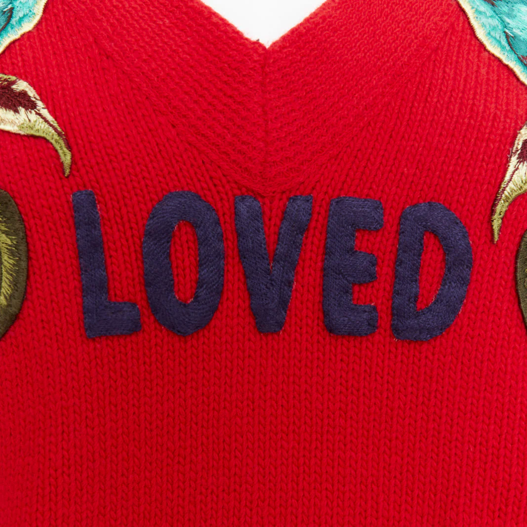 Women's GUCCI 2017 Runway red wool Loved Bird floral embroidered red wool sweater S - Image 7