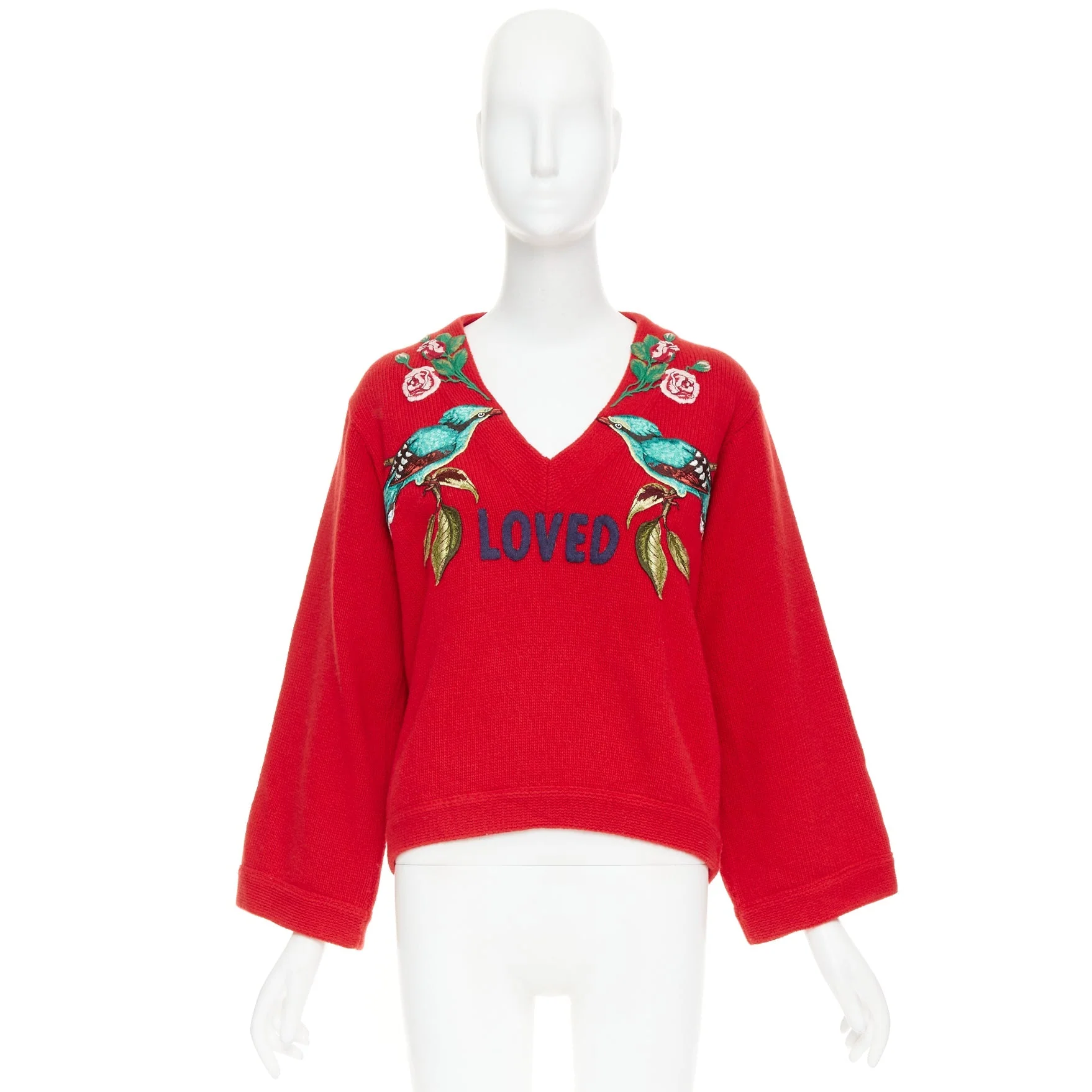 Women's GUCCI 2017 Runway red wool Loved Bird floral embroidered red wool sweater S - Image 9