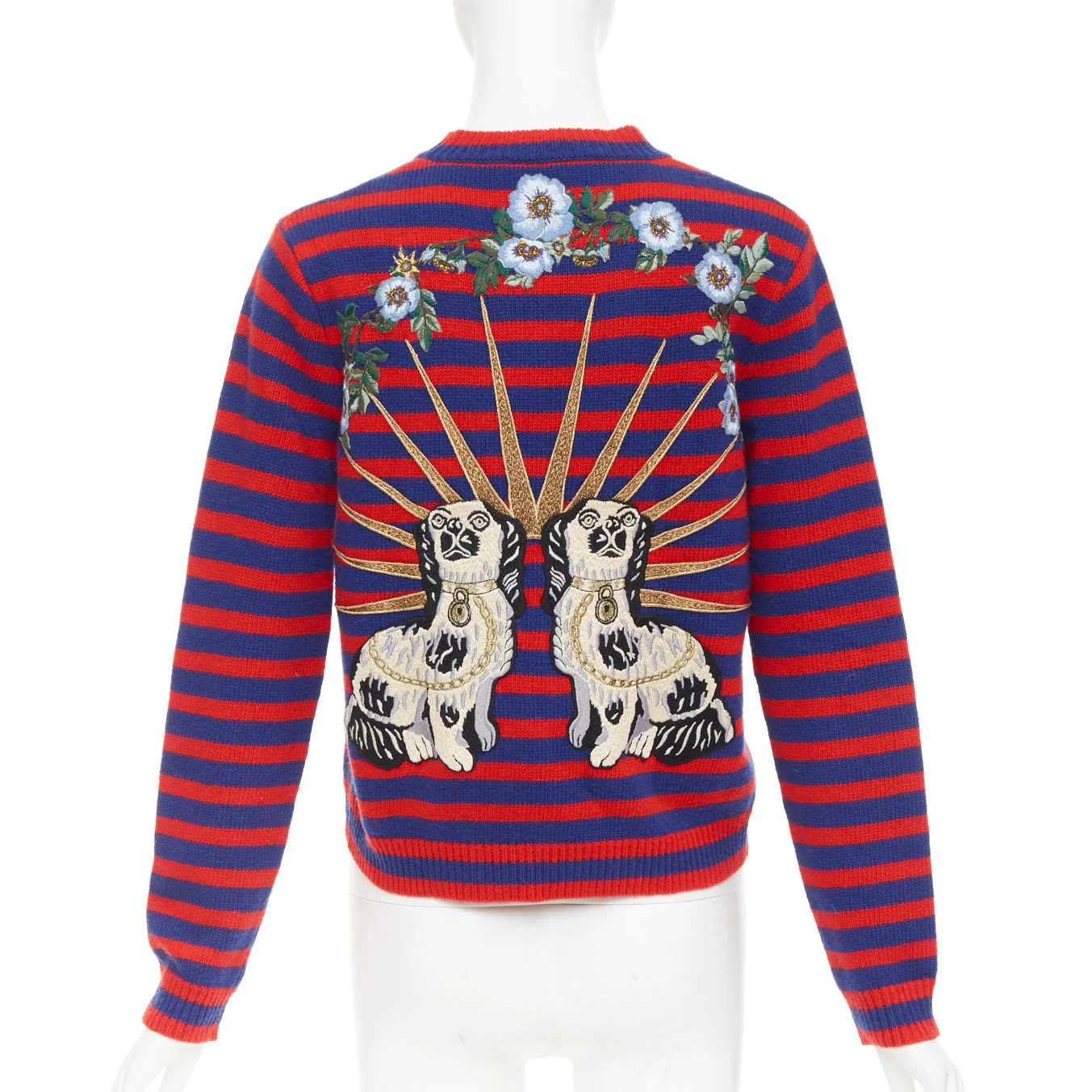 Women's GUCCI 2017 Runway wool red blue stripe Tiger Head intarsia crew sweater XS