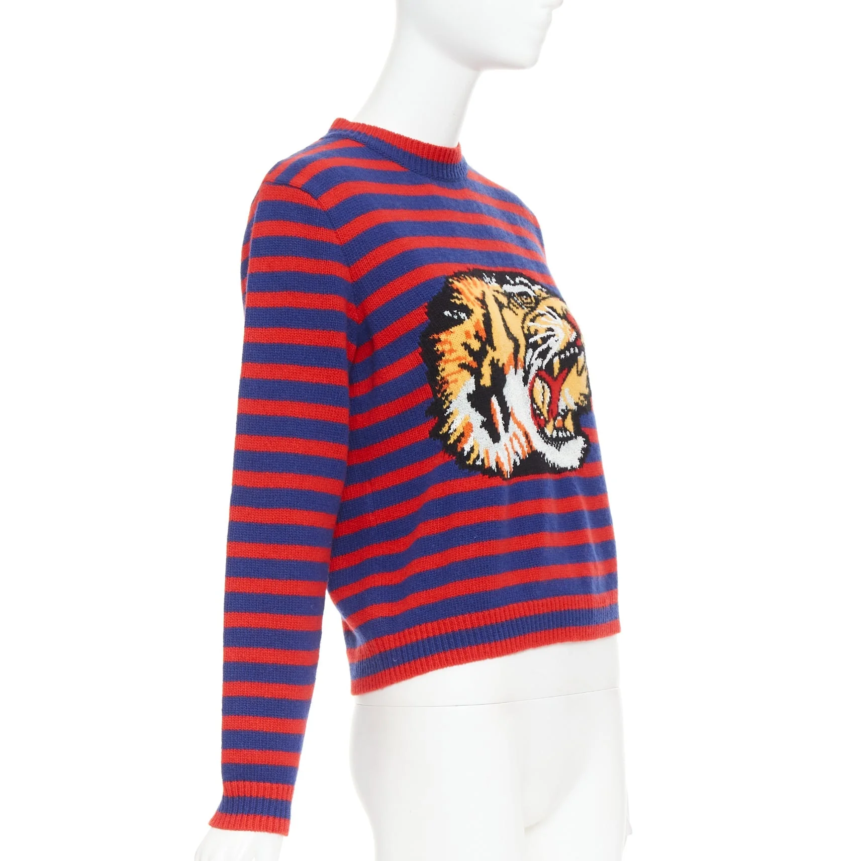 Women's GUCCI 2017 Runway wool red blue stripe Tiger Head intarsia crew sweater XS - Image 3