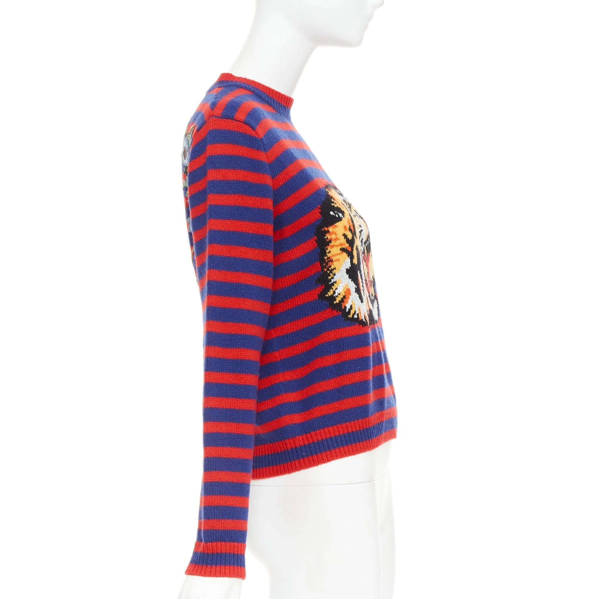Women's GUCCI 2017 Runway wool red blue stripe Tiger Head intarsia crew sweater XS - Image 4