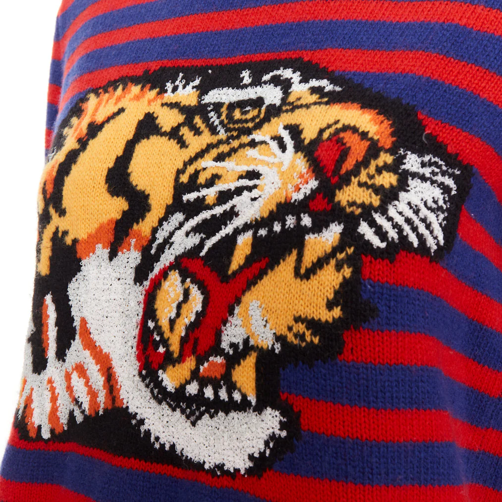 Women's GUCCI 2017 Runway wool red blue stripe Tiger Head intarsia crew sweater XS - Image 6