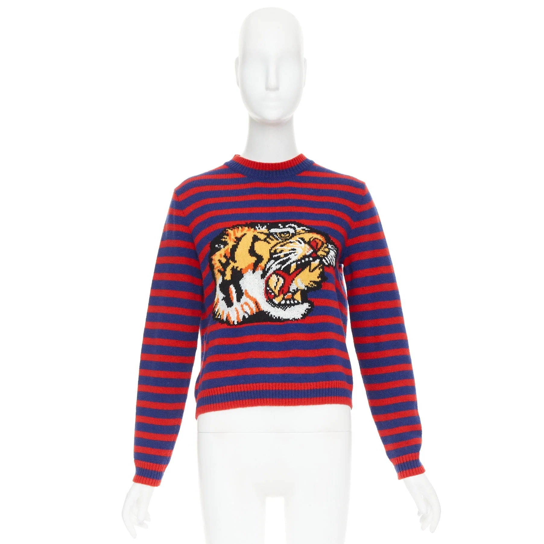 Women's GUCCI 2017 Runway wool red blue stripe Tiger Head intarsia crew sweater XS - Image 9