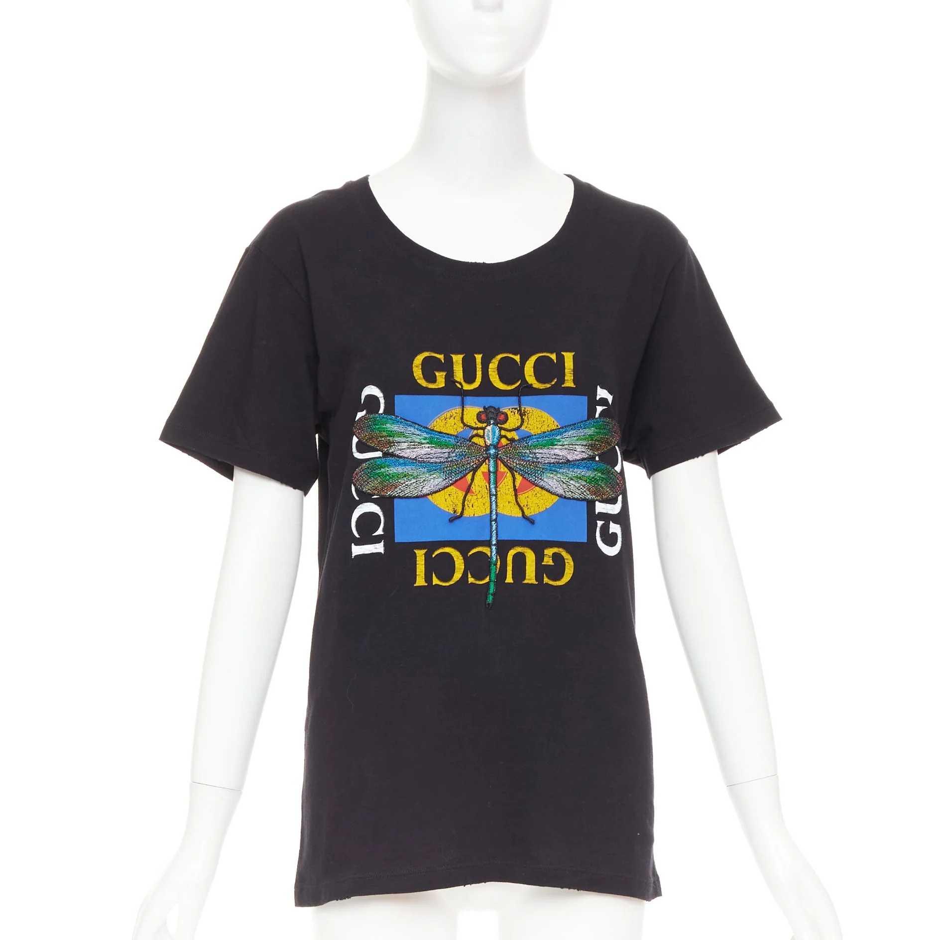Women's GUCCI 2018 black cotton vintage logo embroidered dragonfly jersey tshirt XS