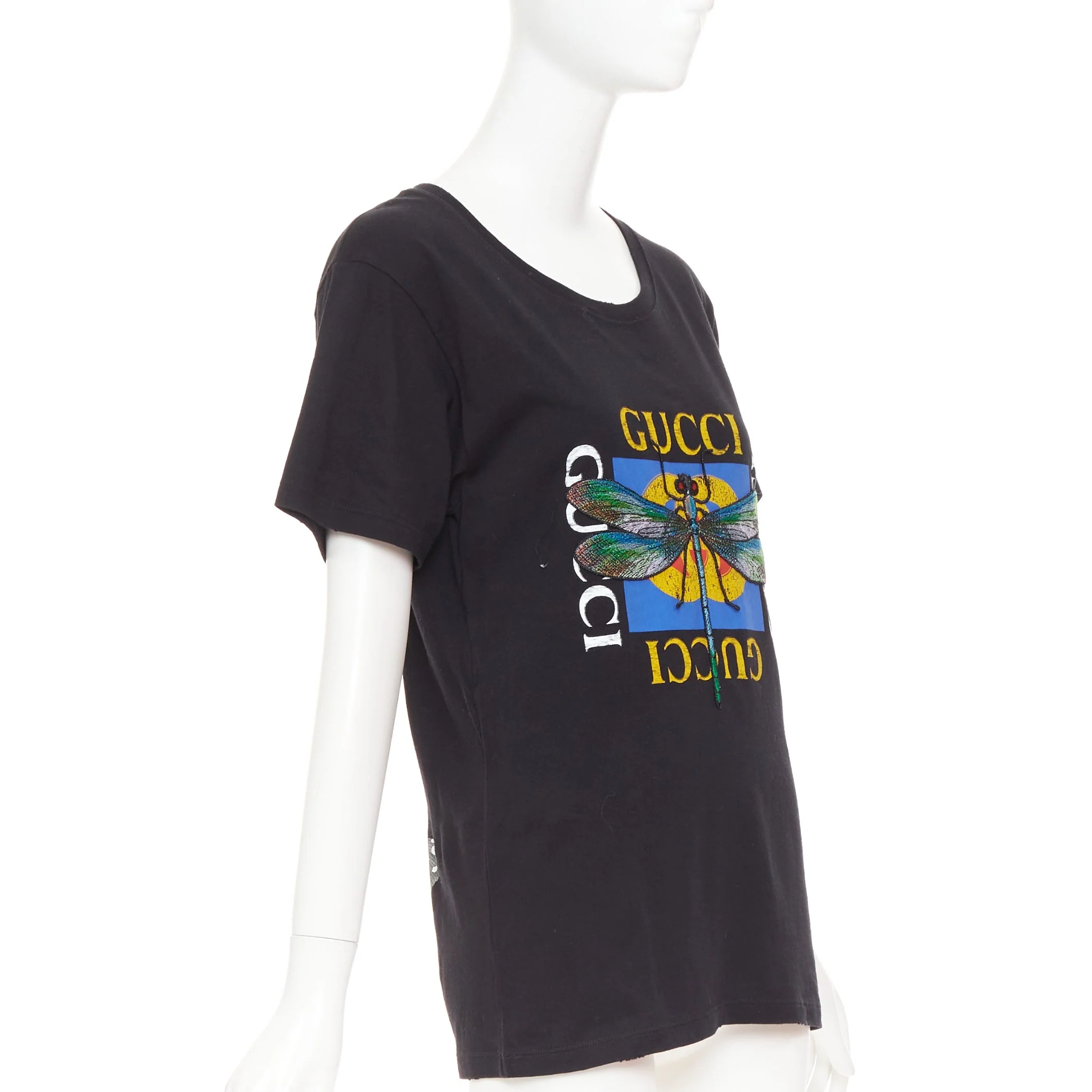 Women's GUCCI 2018 black cotton vintage logo embroidered dragonfly jersey tshirt XS - Image 3