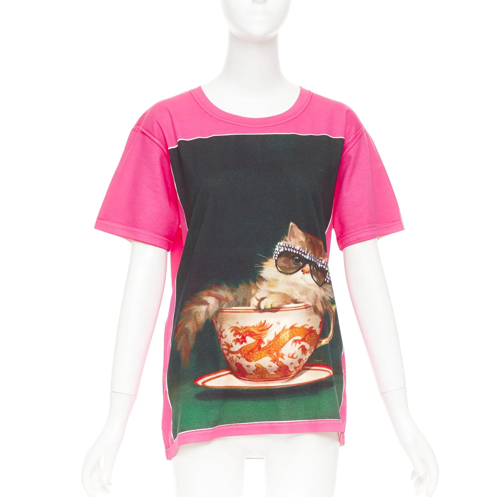 Women's GUCCI 2018 Ignasi Monreal pink cotton Cat in Teacup graphic print t-shirt XS
