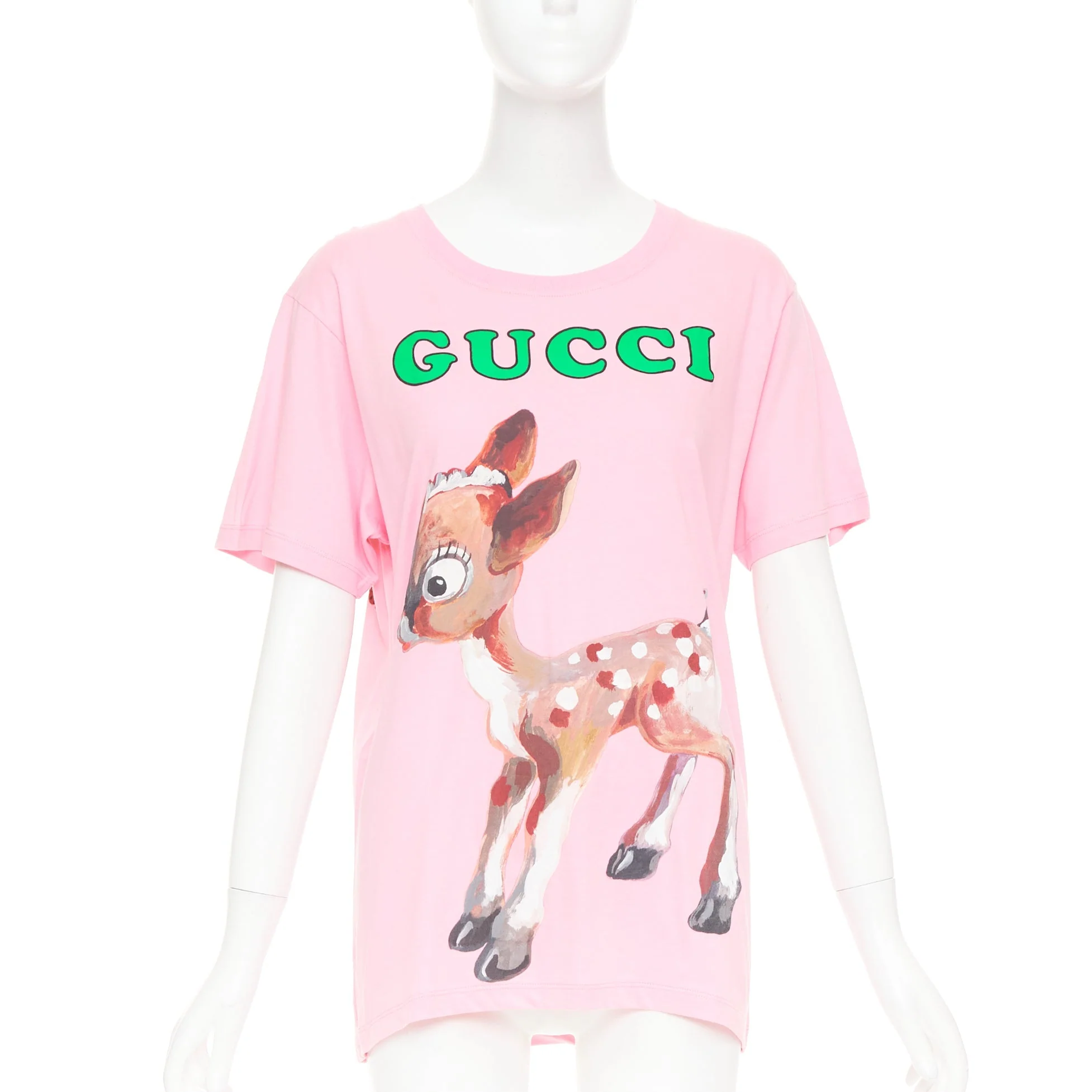 Women's GUCCI 2018 pink cotton Fawn Bambi heart print green logo t-shirt XS