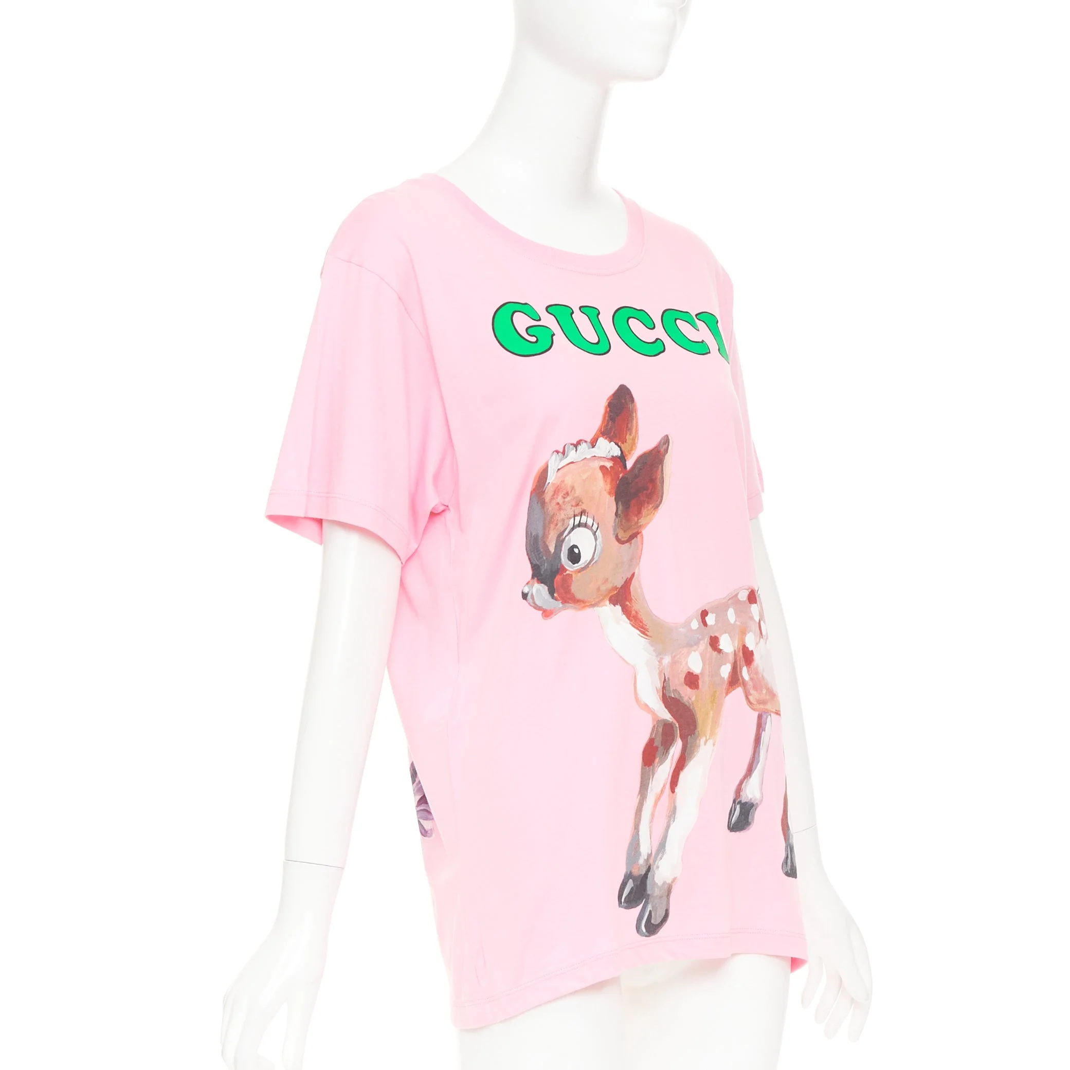 Women's GUCCI 2018 pink cotton Fawn Bambi heart print green logo t-shirt XS - Image 3