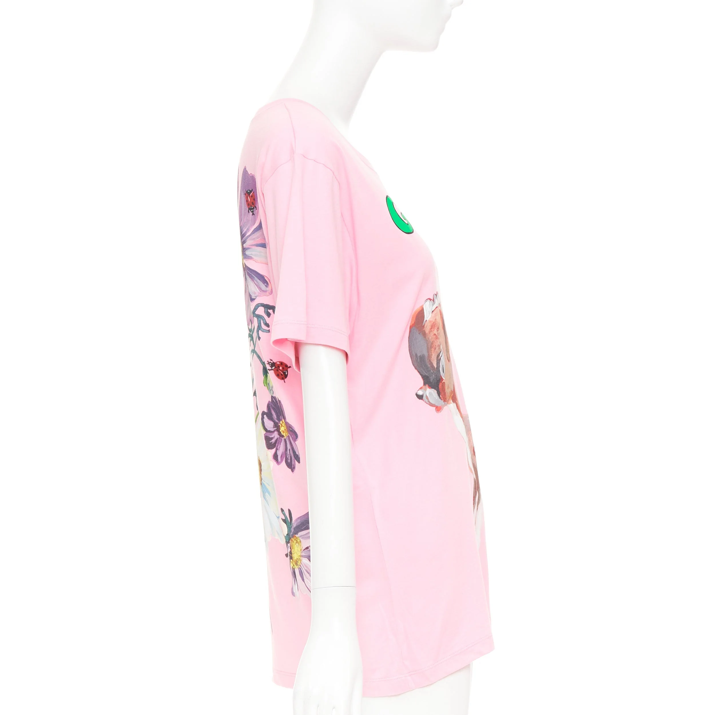 Women's GUCCI 2018 pink cotton Fawn Bambi heart print green logo t-shirt XS - Image 4