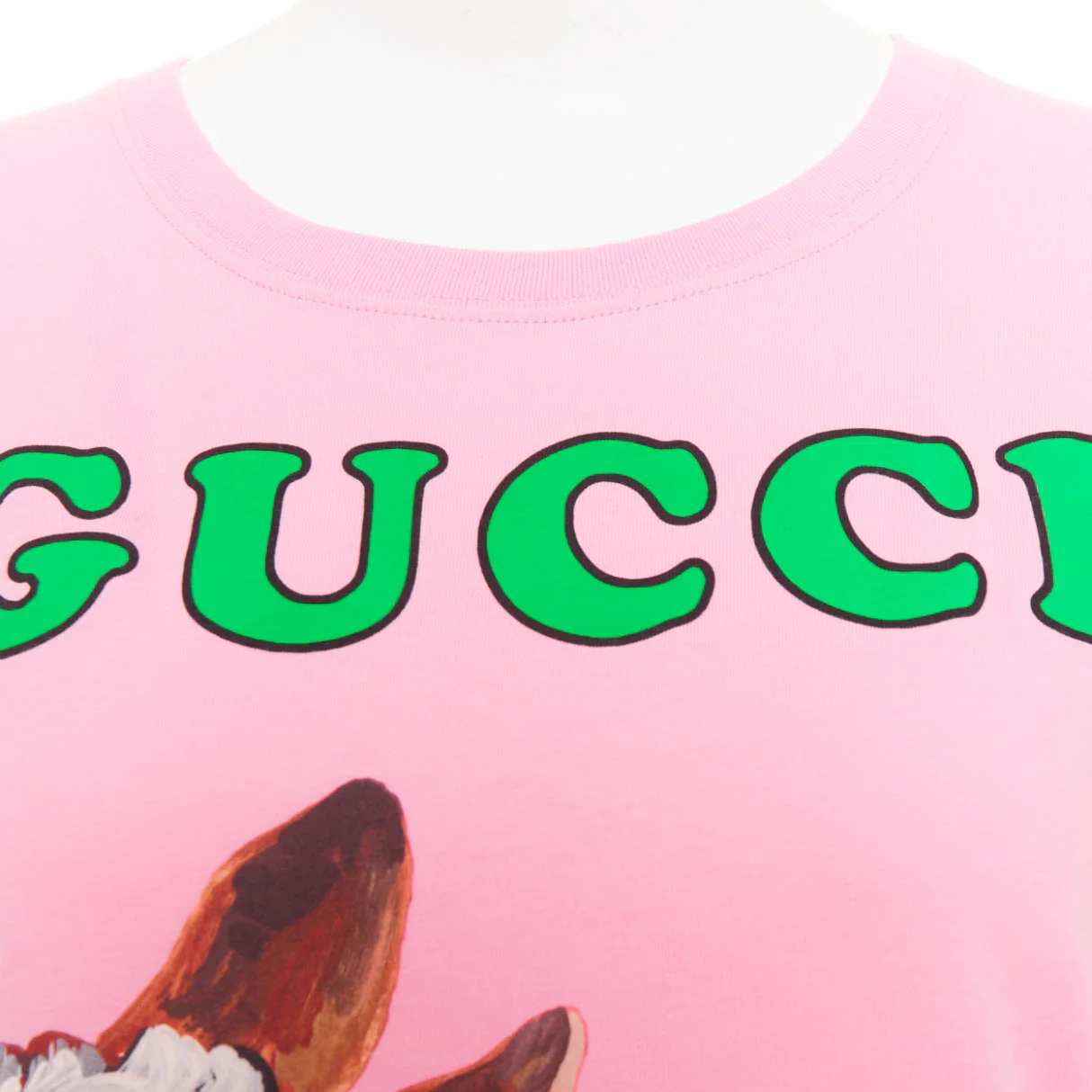 Women's GUCCI 2018 pink cotton Fawn Bambi heart print green logo t-shirt XS - Image 7