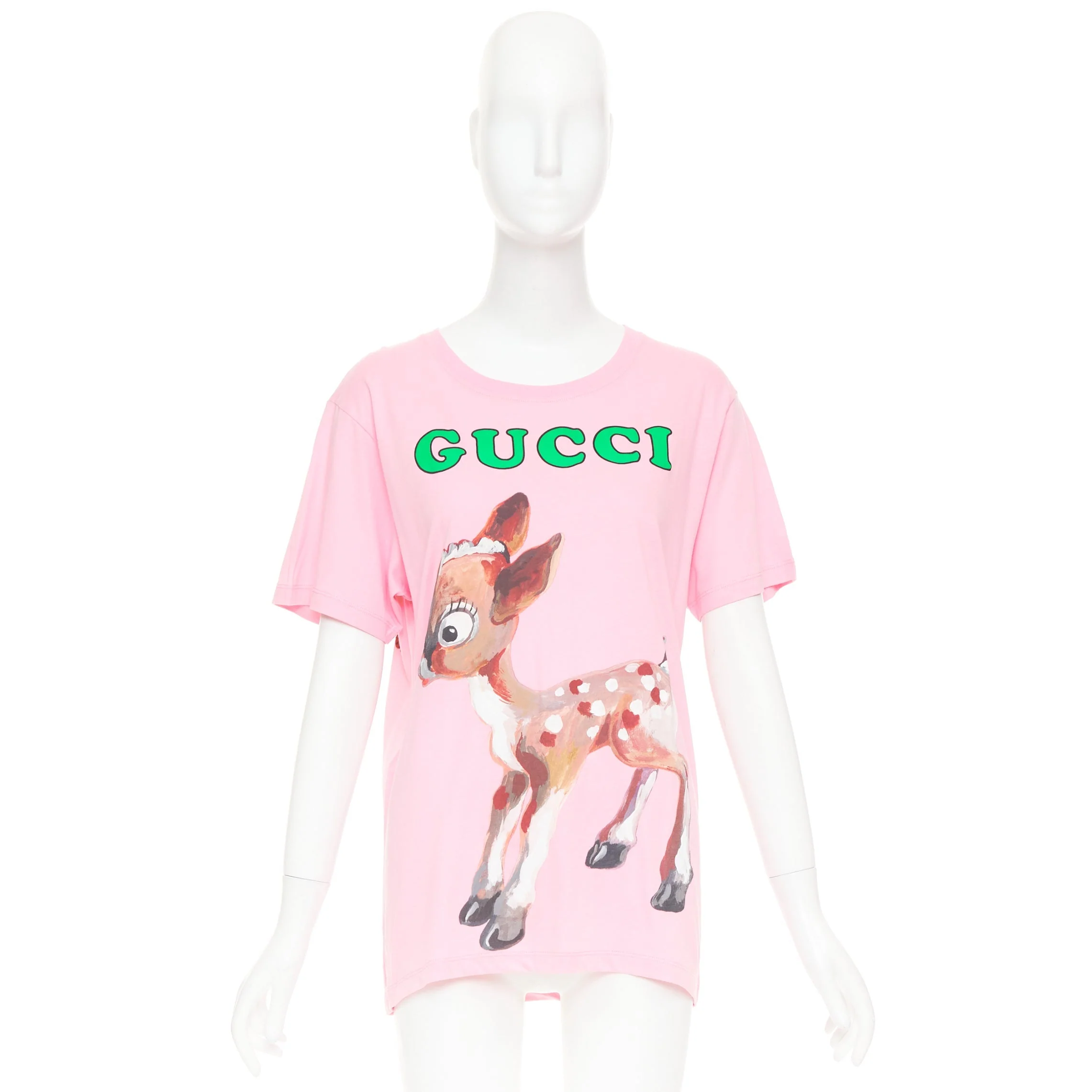 Women's GUCCI 2018 pink cotton Fawn Bambi heart print green logo t-shirt XS - Image 9