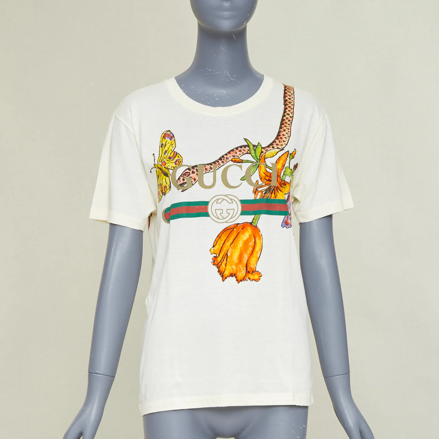Women's GUCCI Floral Snake Vintage Logo print off-white distressed crew neck tshirt XXS