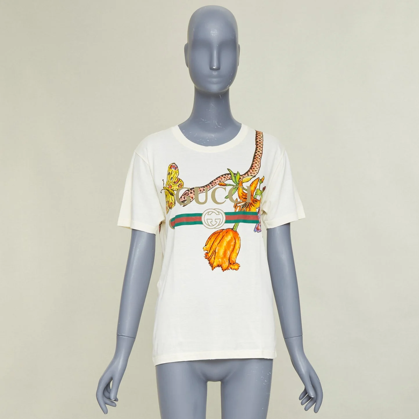 Women's GUCCI Floral Snake Vintage Logo print off-white distressed crew neck tshirt XXS - Image 9