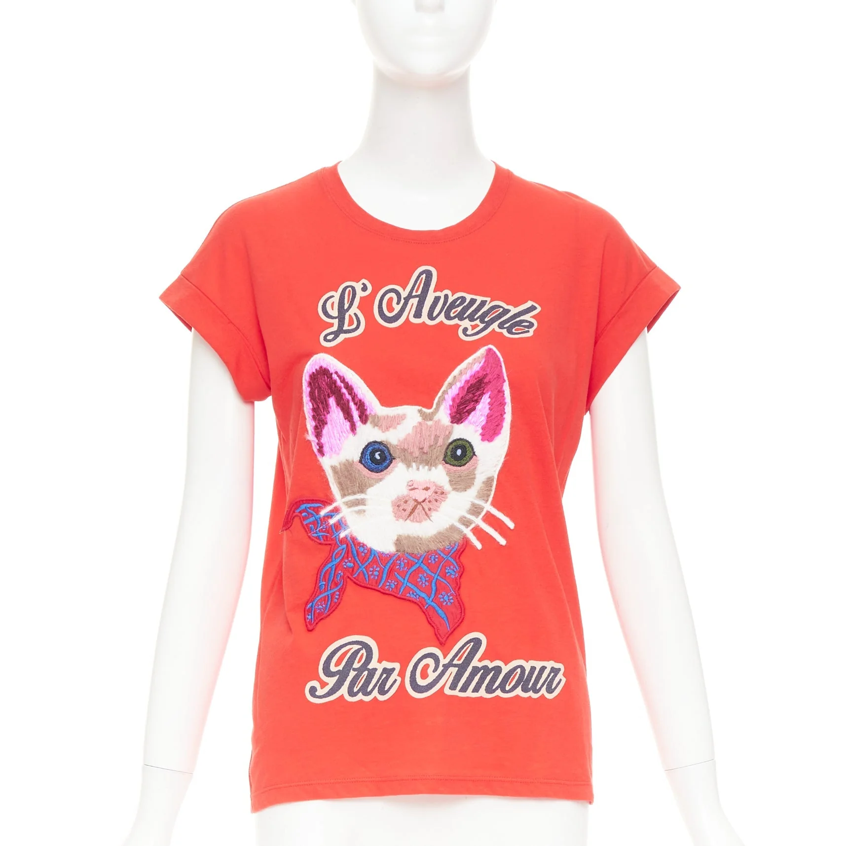 Women's GUCCI L'Aveugle Par Amour red cat embroidered short sleeve t-shirt S