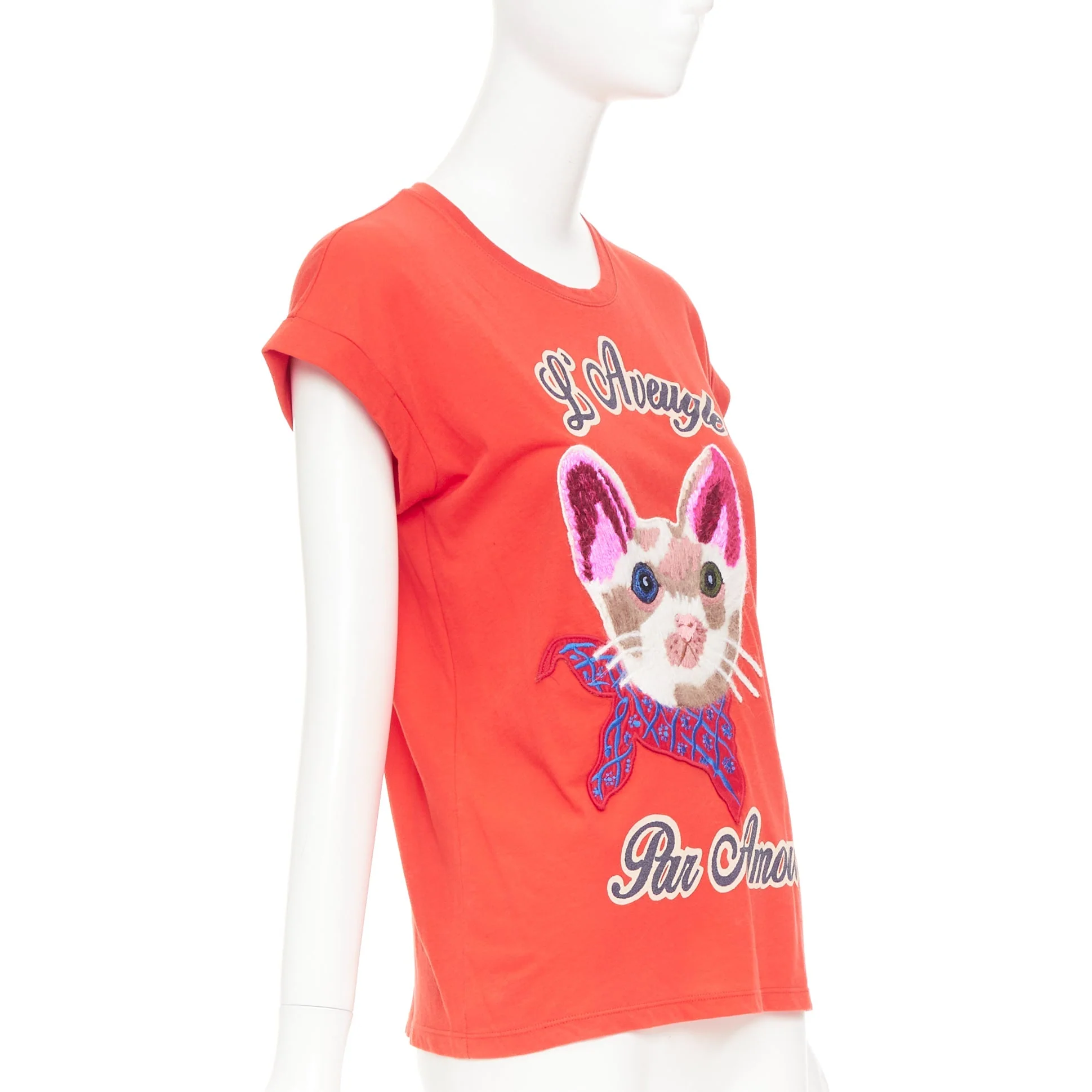 Women's GUCCI L'Aveugle Par Amour red cat embroidered short sleeve t-shirt S - Image 3