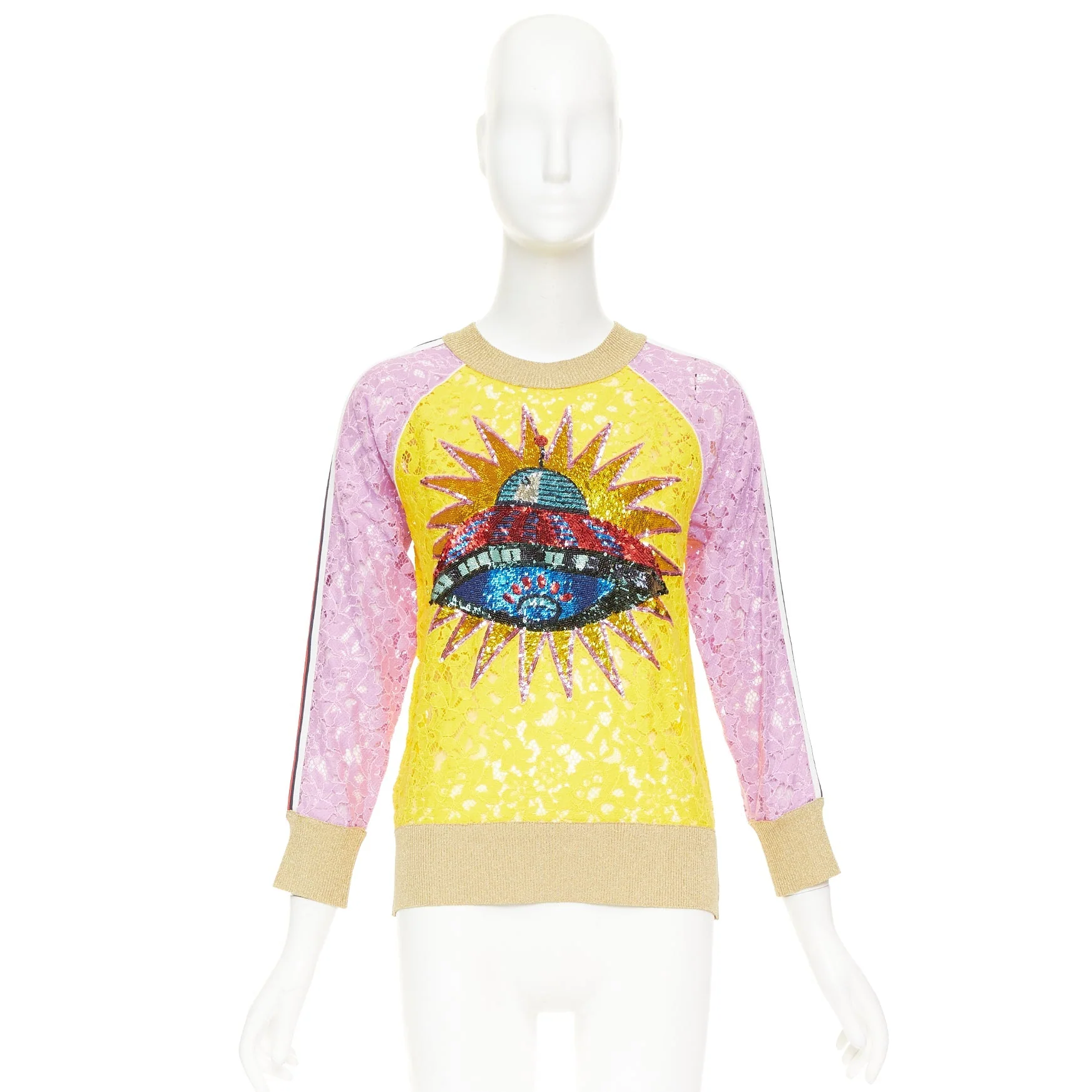 Women's GUCCI multicolor lace UFO sunburst sequin applique pullover sweater top XS - Image 9