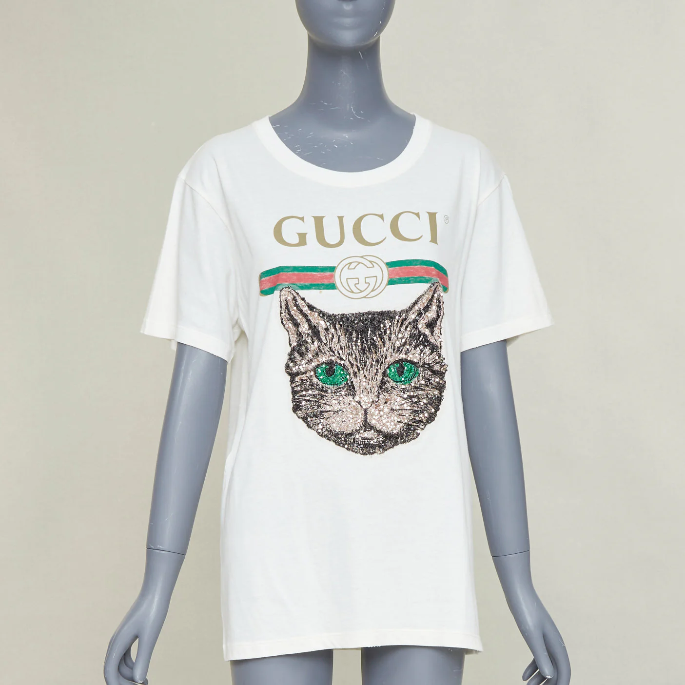 Women's GUCCI Mystic Cat Sequin embroidered GG logo oversized tshirt XS