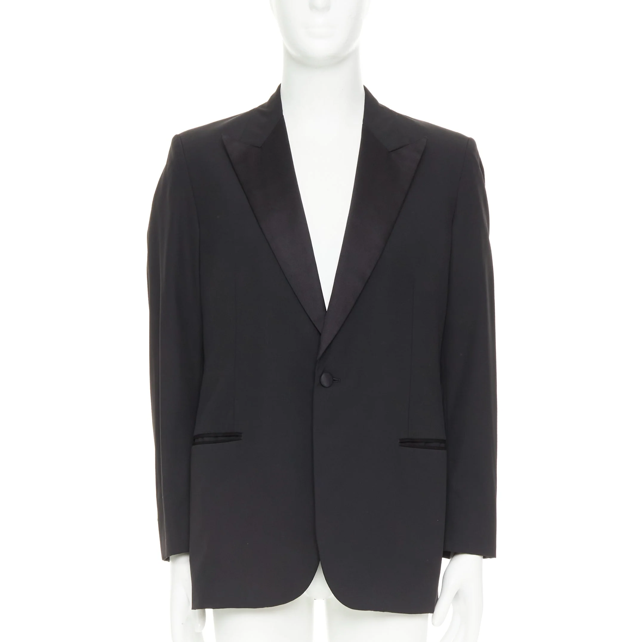Men's HERMES black wool blend satin peak lapel logo silk lined tuxedo blazer EU50 L