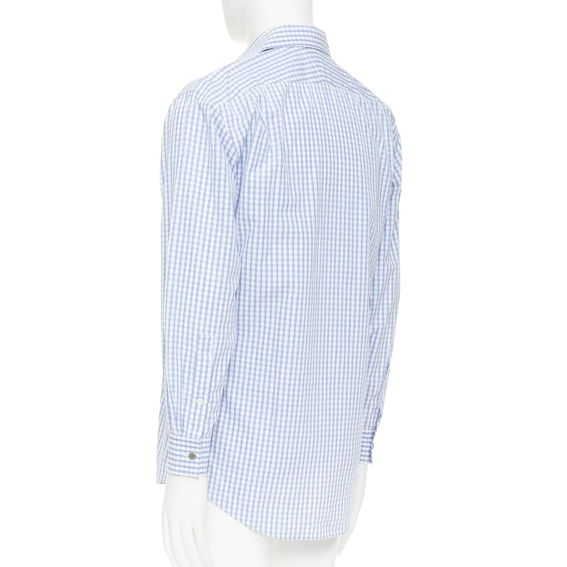 Men's HERMES blue white checked 100% cotton collared long sleeve shirt EU39 M - Image 6