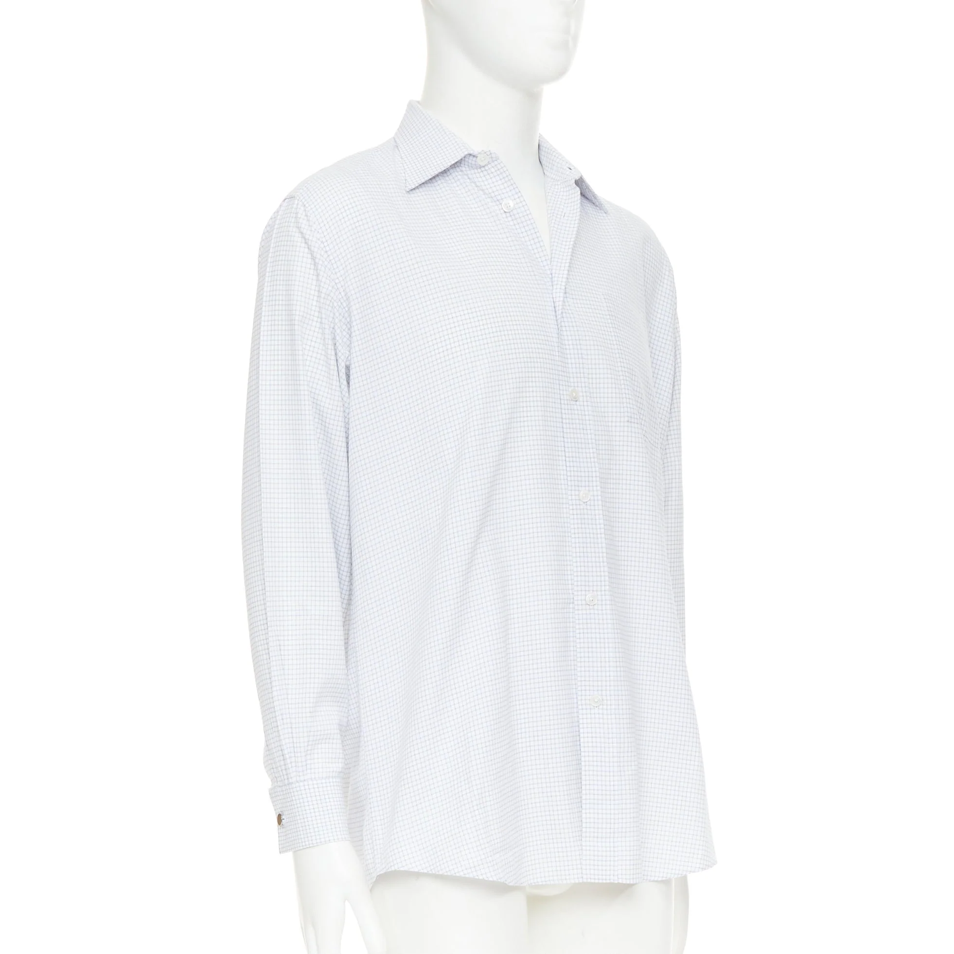 Men's HERMES white blue small checked cotton collared shirt EU39 M - Image 3