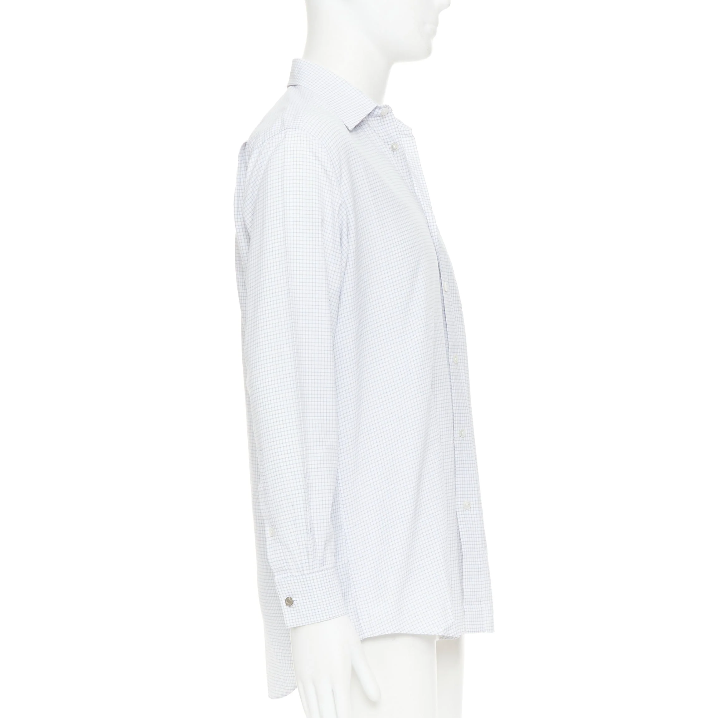 Men's HERMES white blue small checked cotton collared shirt EU39 M - Image 4