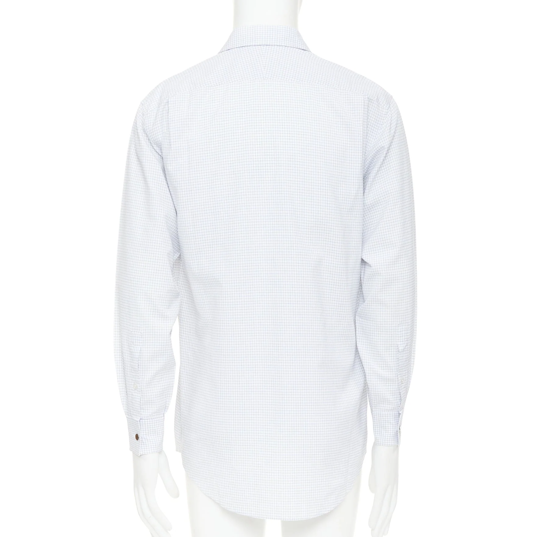 Men's HERMES white blue small checked cotton collared shirt EU39 M - Image 5