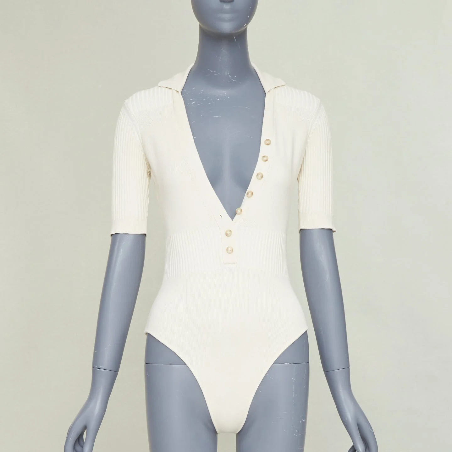 Women's JACQUEMUS Le Body Yauco ivory viscose blend ribbed knit polo bodysuit top FR36 S
