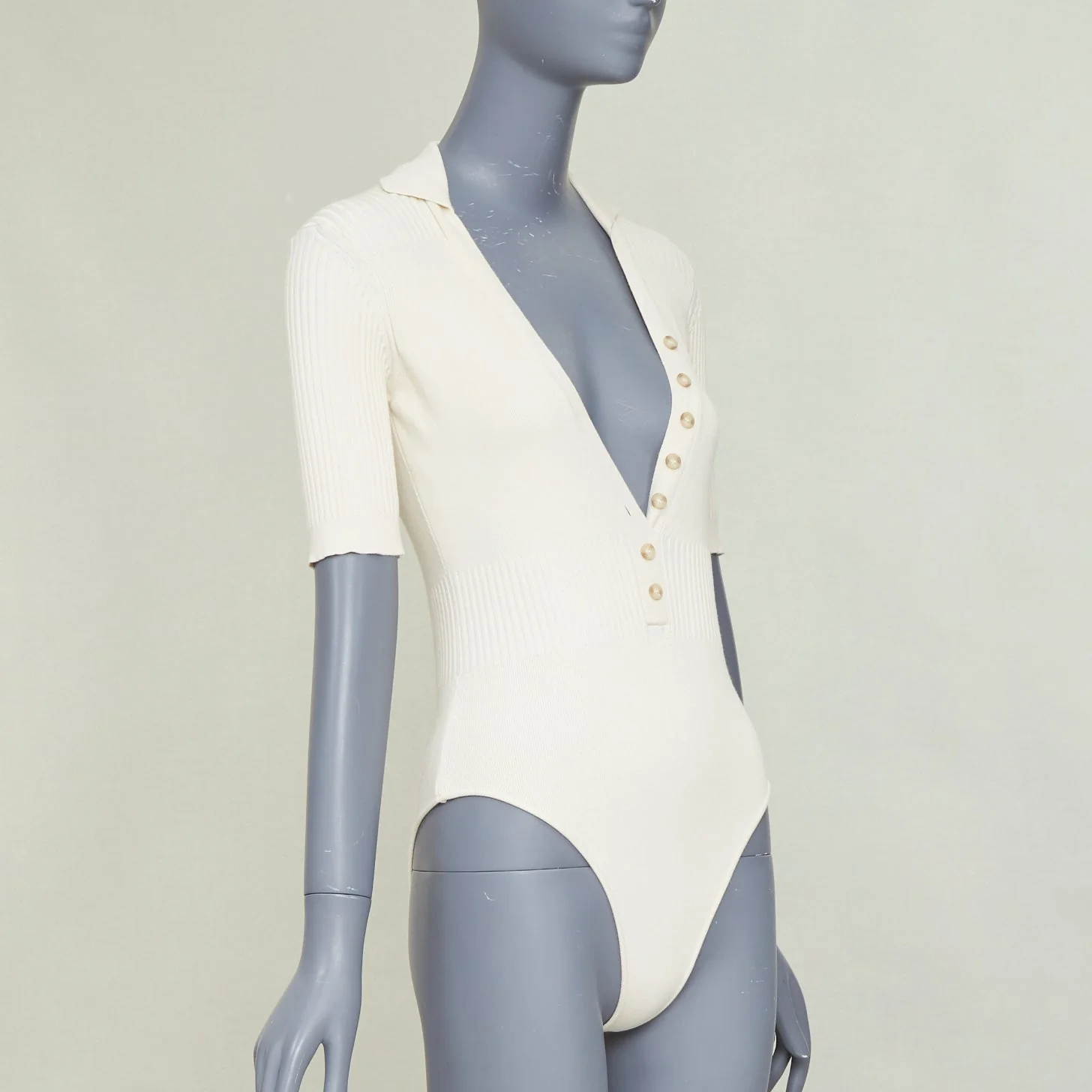 Women's JACQUEMUS Le Body Yauco ivory viscose blend ribbed knit polo bodysuit top FR36 S - Image 3