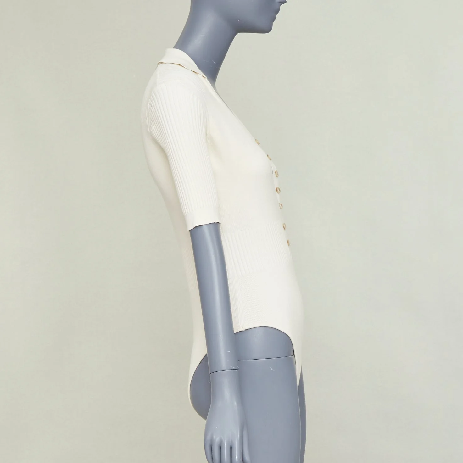 Women's JACQUEMUS Le Body Yauco ivory viscose blend ribbed knit polo bodysuit top FR36 S - Image 4