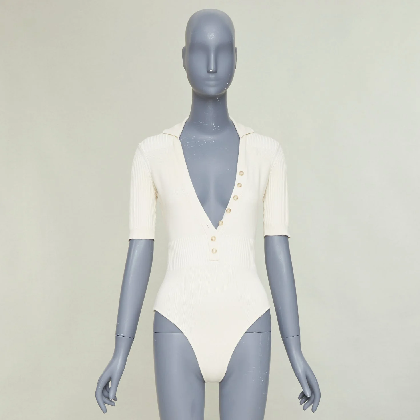 Women's JACQUEMUS Le Body Yauco ivory viscose blend ribbed knit polo bodysuit top FR36 S - Image 9