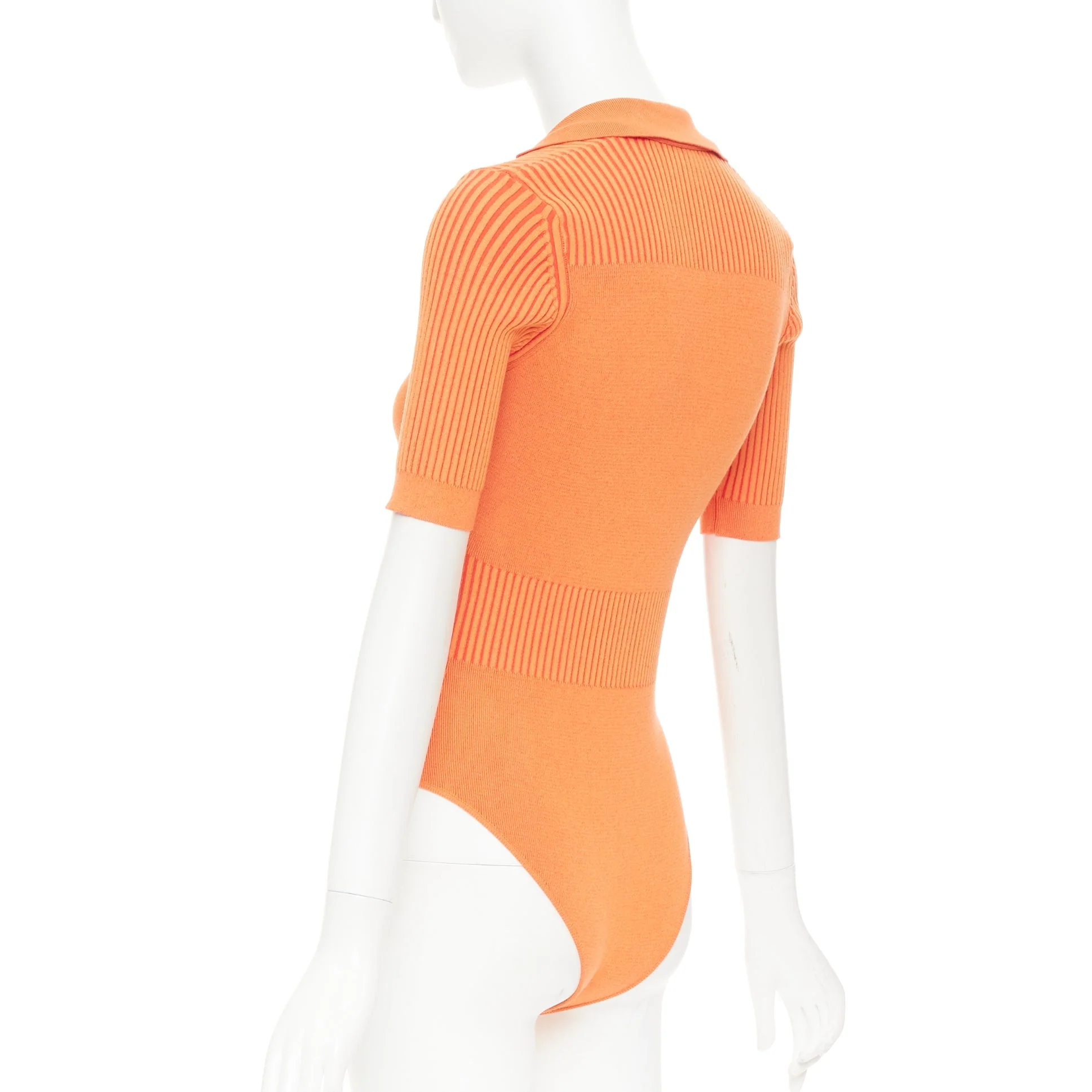 Women's JACQUEMUS Le Body Yauco orange ribbed knit plunge polo bodysuit top FR36 S - Image 6