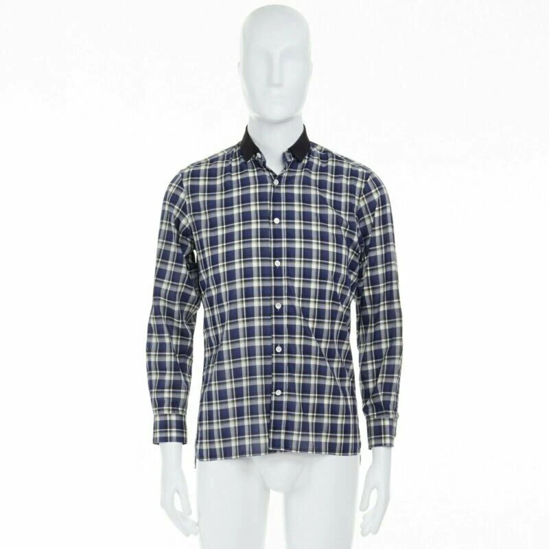 Men's LANVIN ALBER ELBAZ blue checked cotton grosgrain ribbon collar shirt EU38 S - Image 3