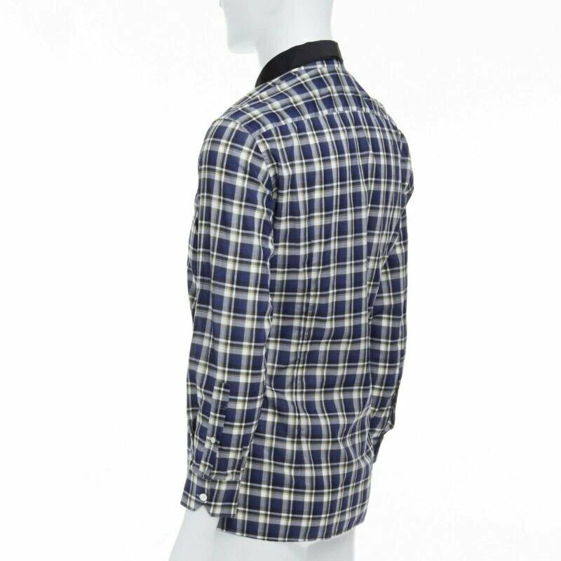 Men's LANVIN ALBER ELBAZ blue checked cotton grosgrain ribbon collar shirt EU38 S - Image 6