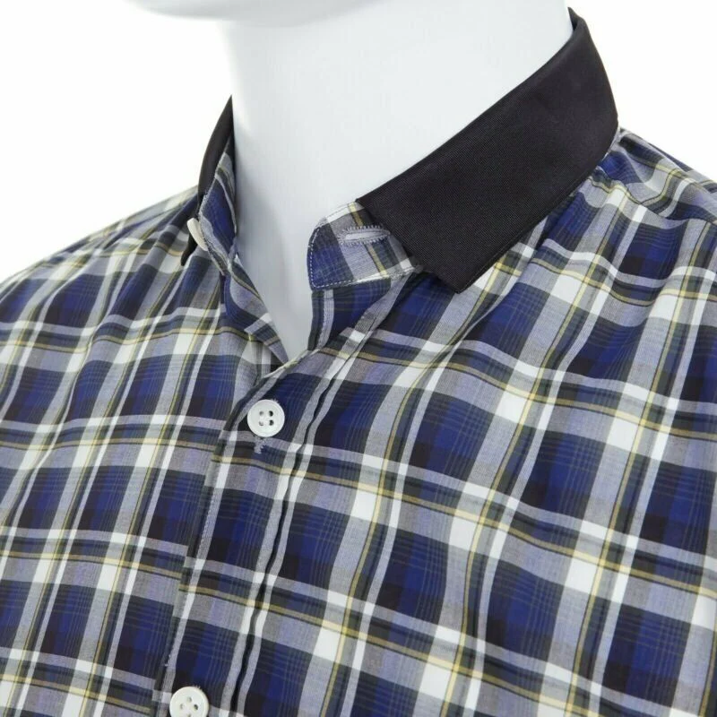 Men's LANVIN ALBER ELBAZ blue checked cotton grosgrain ribbon collar shirt EU38 S - Image 8