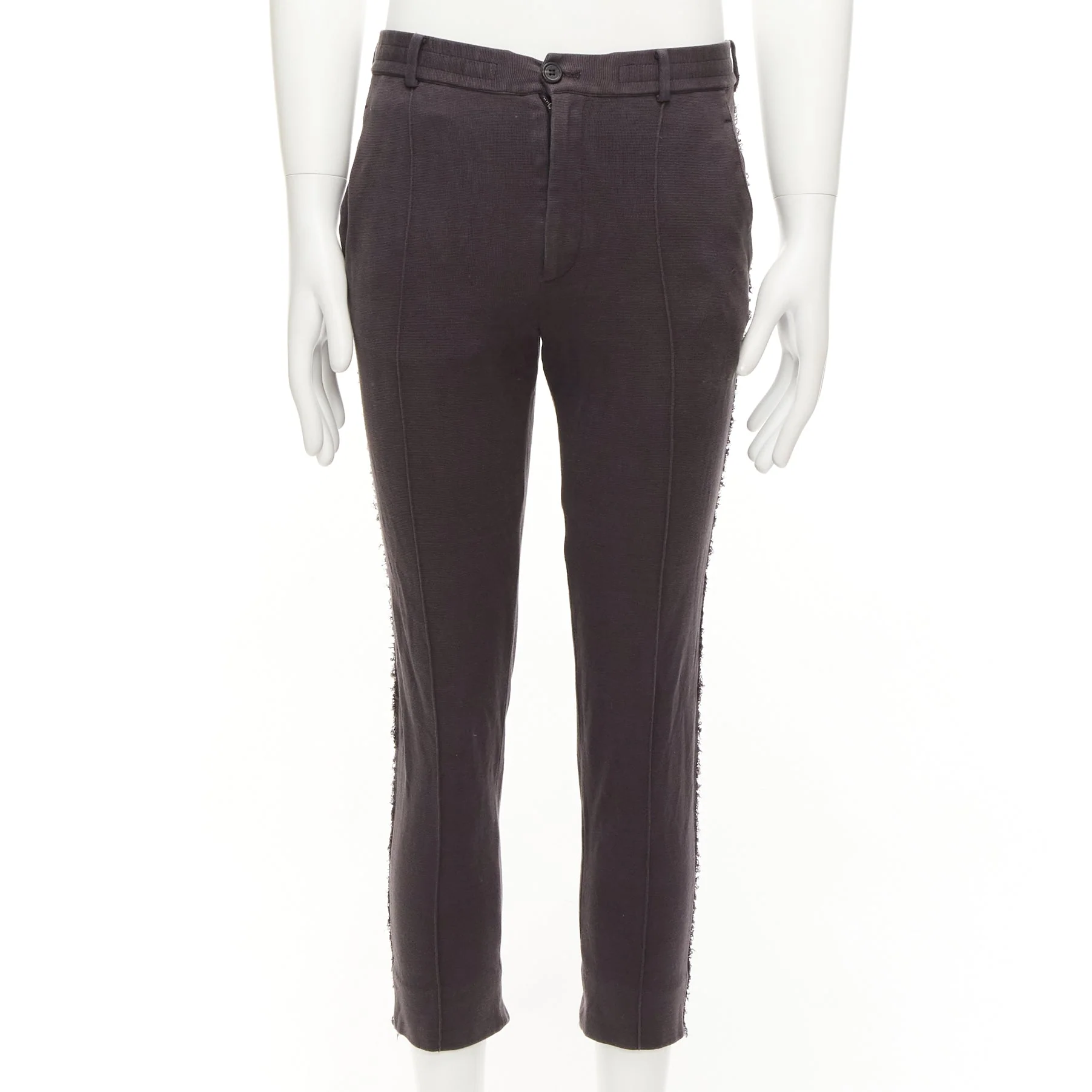 Men's LANVIN grey cotton distressed trim washed waistband cropped pants S