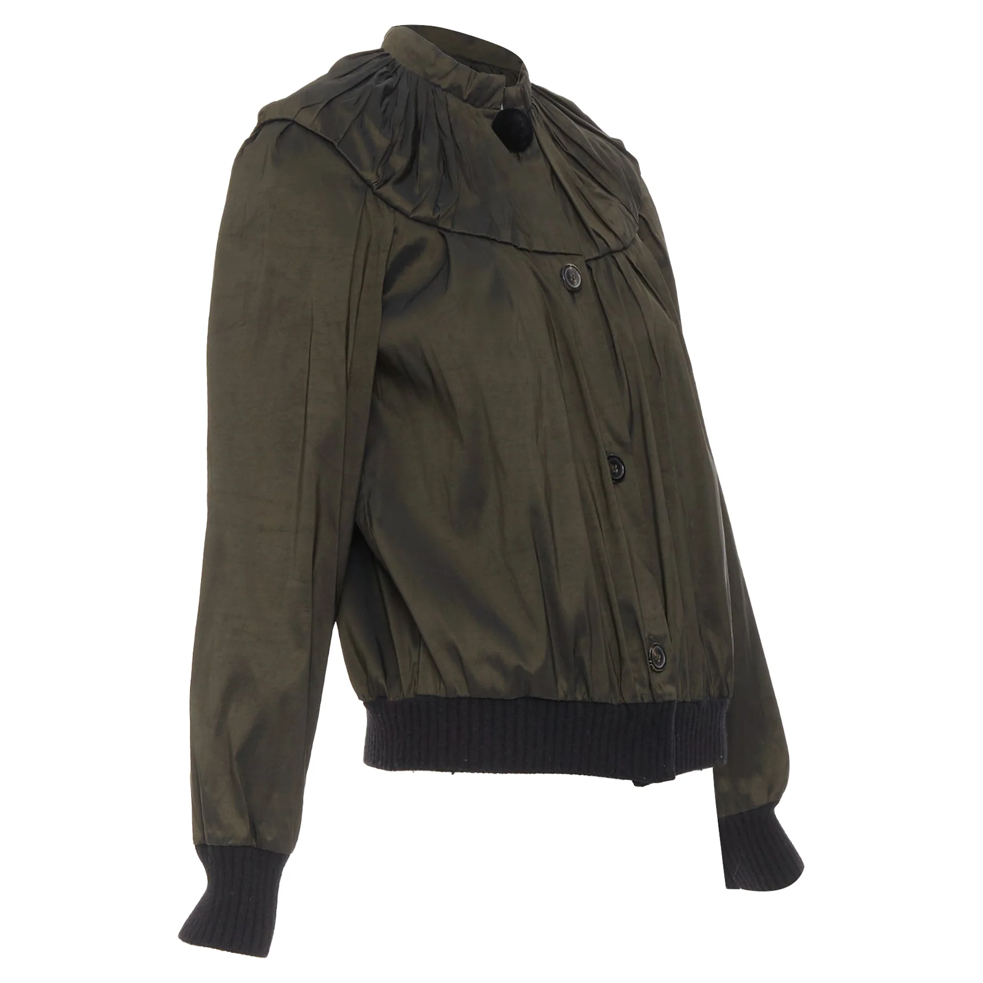 Women's LANVIN 2006 olive green silk blend ruched rib contrast blouse overshirt FR36 S - Image 4