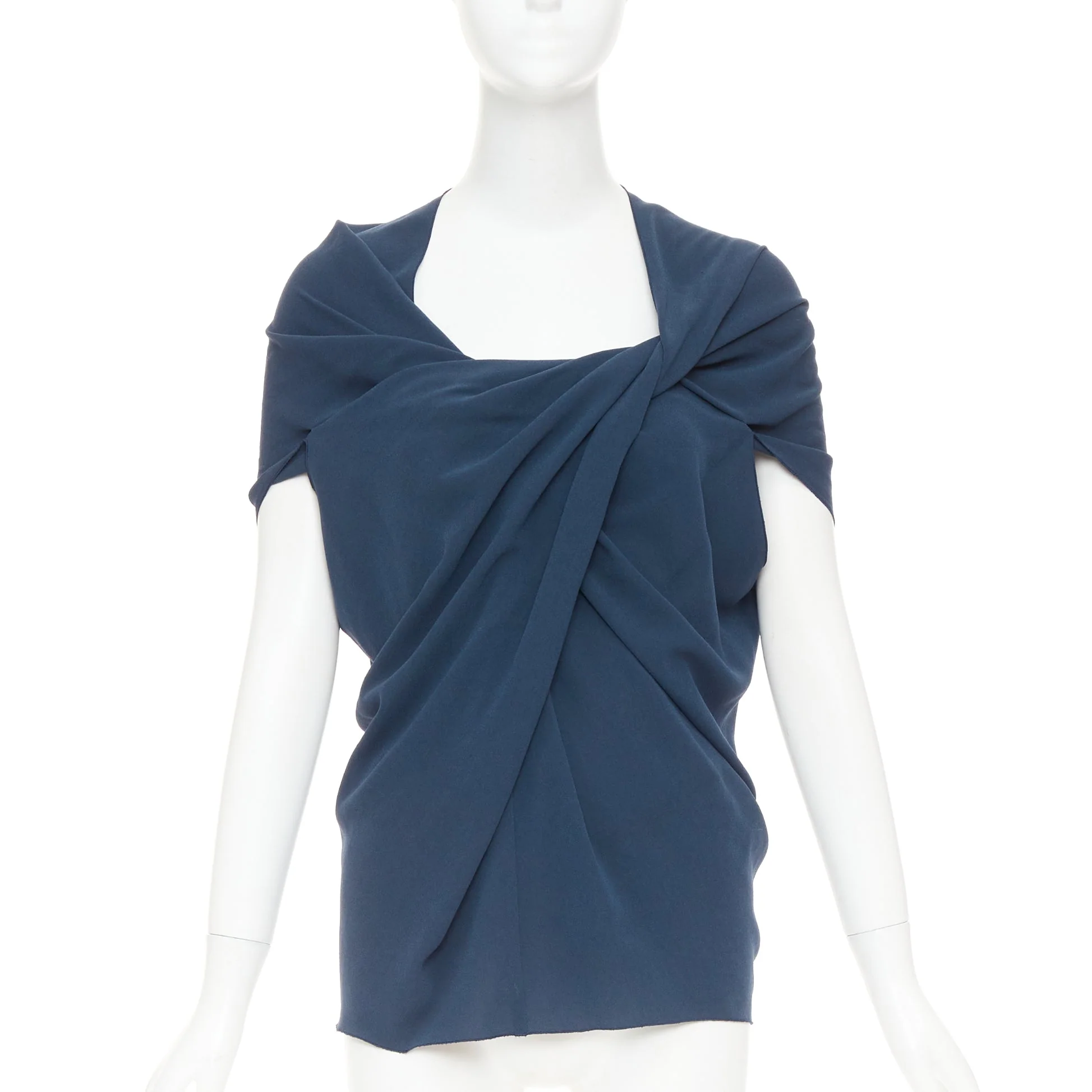 Women's LANVIN 2009 navy triacetate blend twist front square neck ruched top FR34 XS