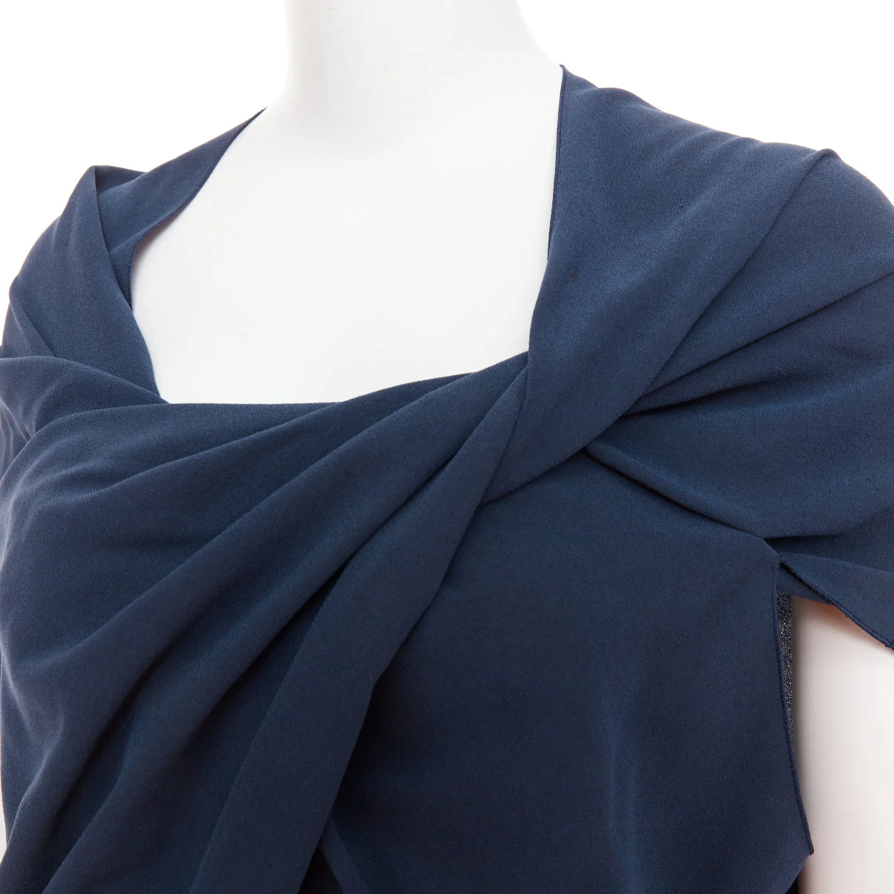 Women's LANVIN 2009 navy triacetate blend twist front square neck ruched top FR34 XS - Image 2
