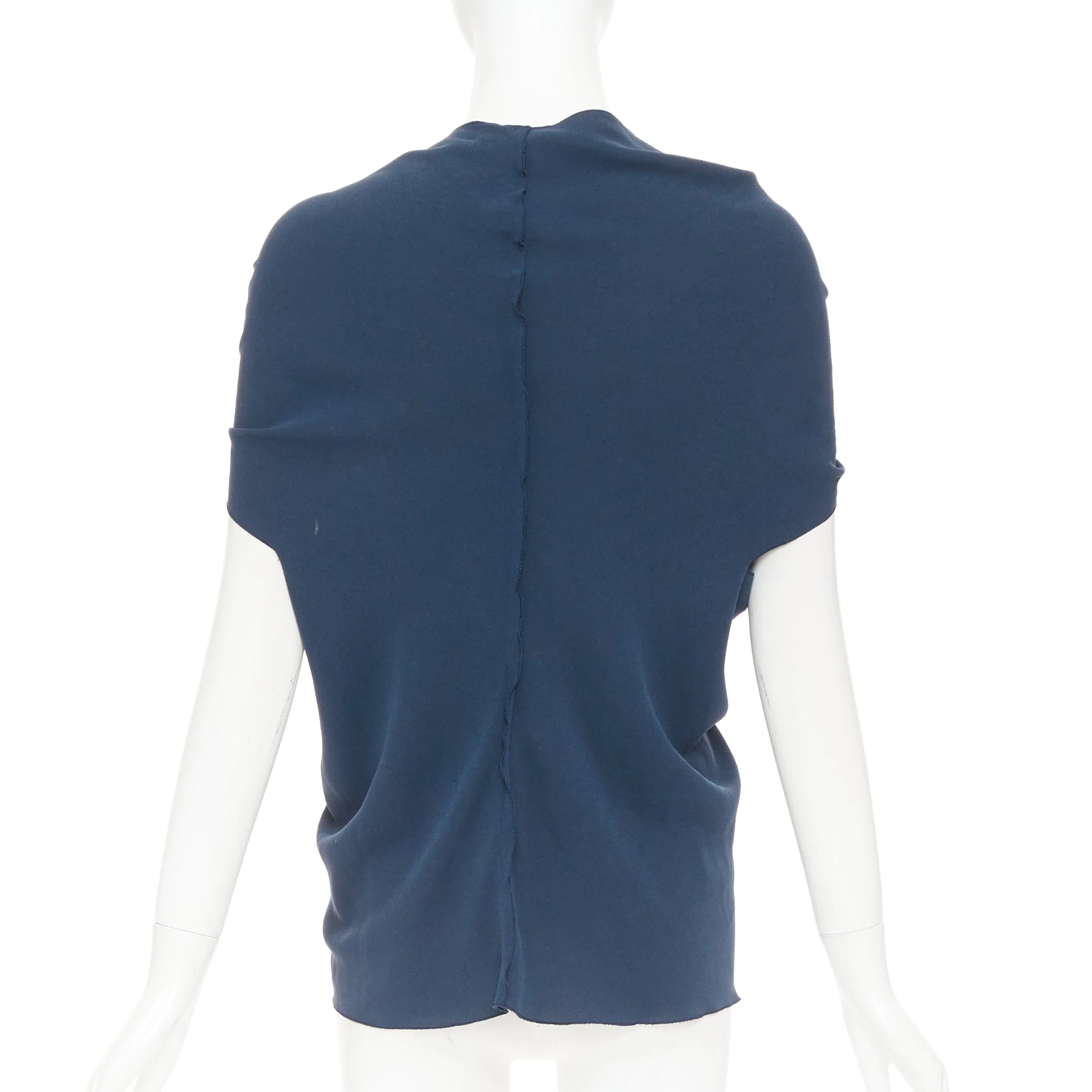 Women's LANVIN 2009 navy triacetate blend twist front square neck ruched top FR34 XS - Image 5