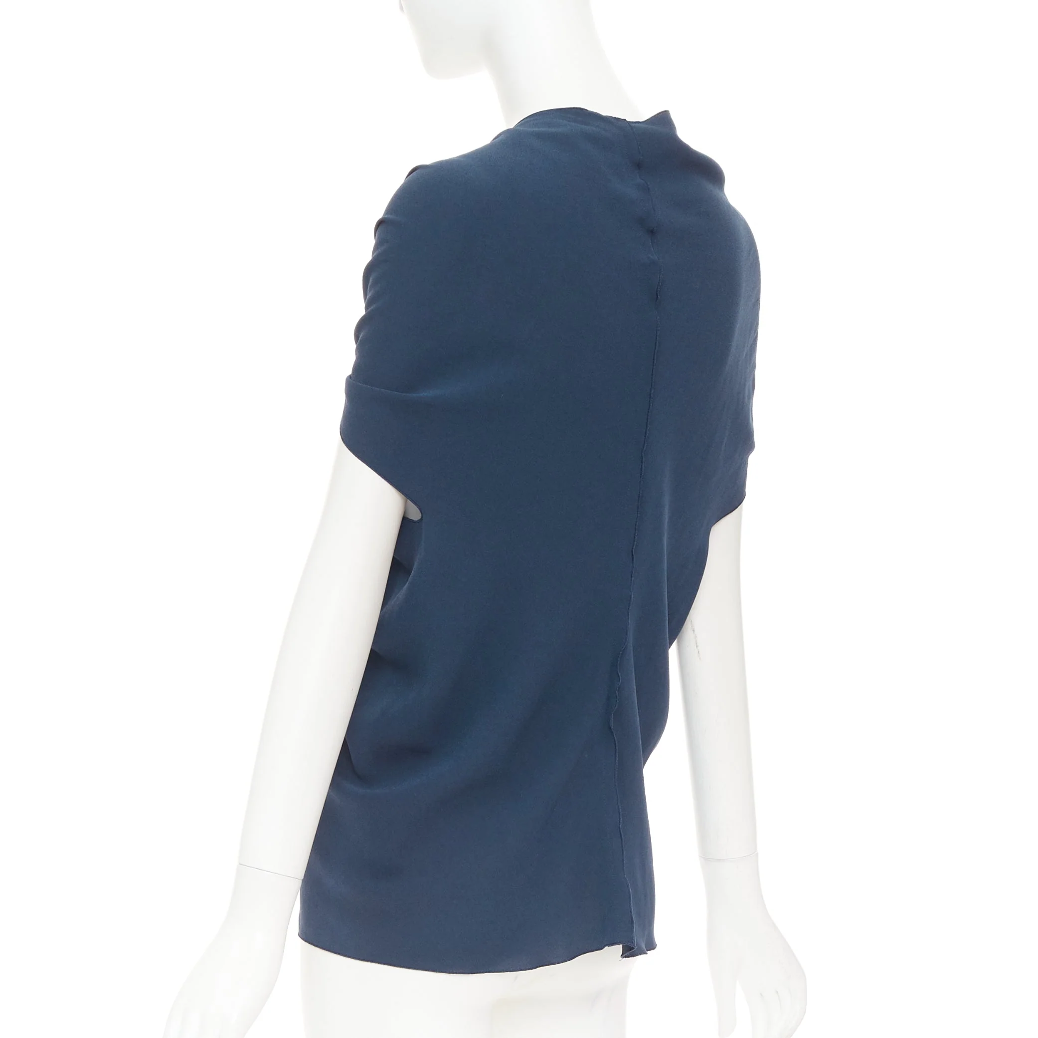 Women's LANVIN 2009 navy triacetate blend twist front square neck ruched top FR34 XS - Image 6