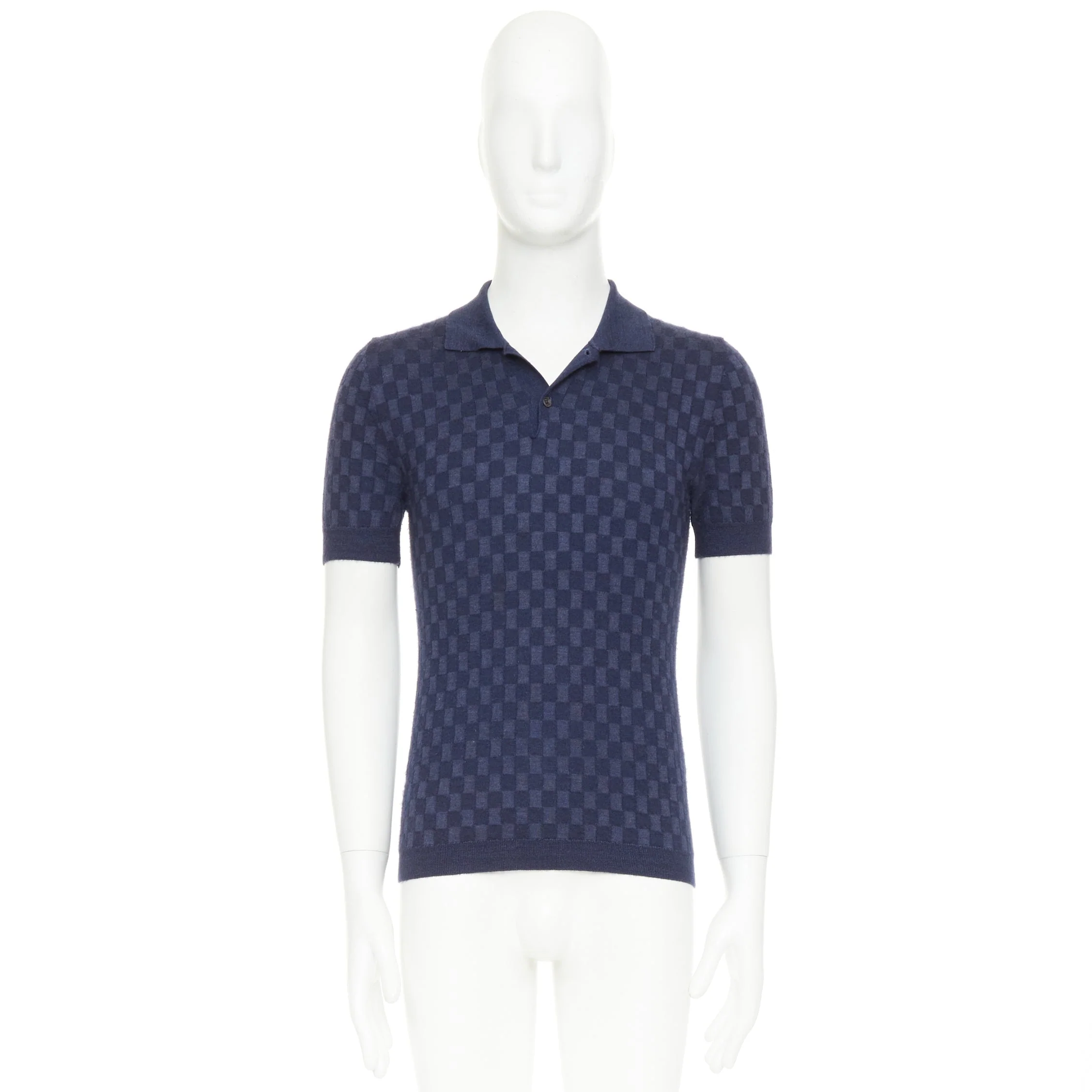 Men's LOUIS VUITTON navy cashmere silk Damier checked knit polo shirt S - Image 10