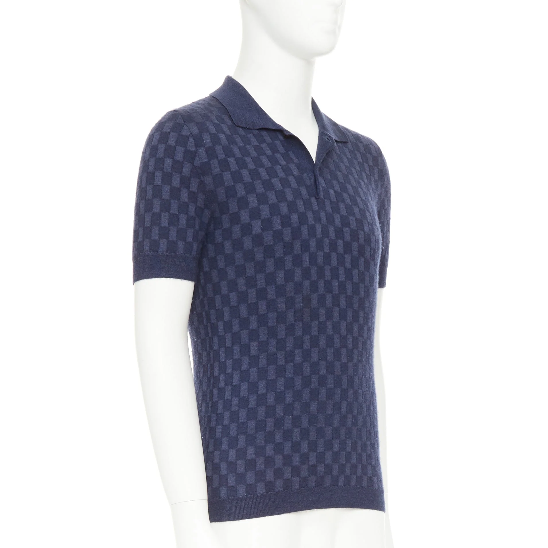 Men's LOUIS VUITTON navy cashmere silk Damier checked knit polo shirt S - Image 3