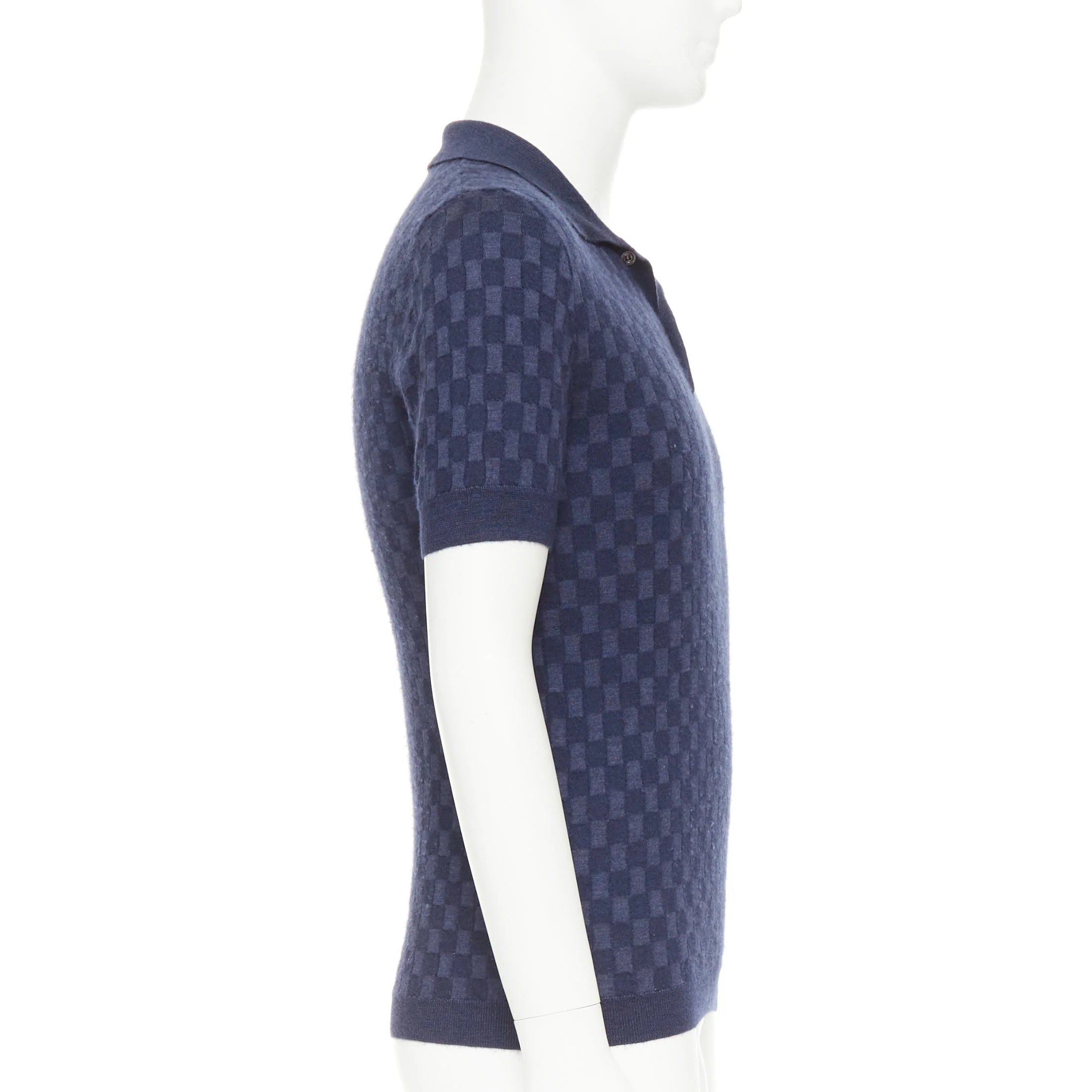 Men's LOUIS VUITTON navy cashmere silk Damier checked knit polo shirt S - Image 4